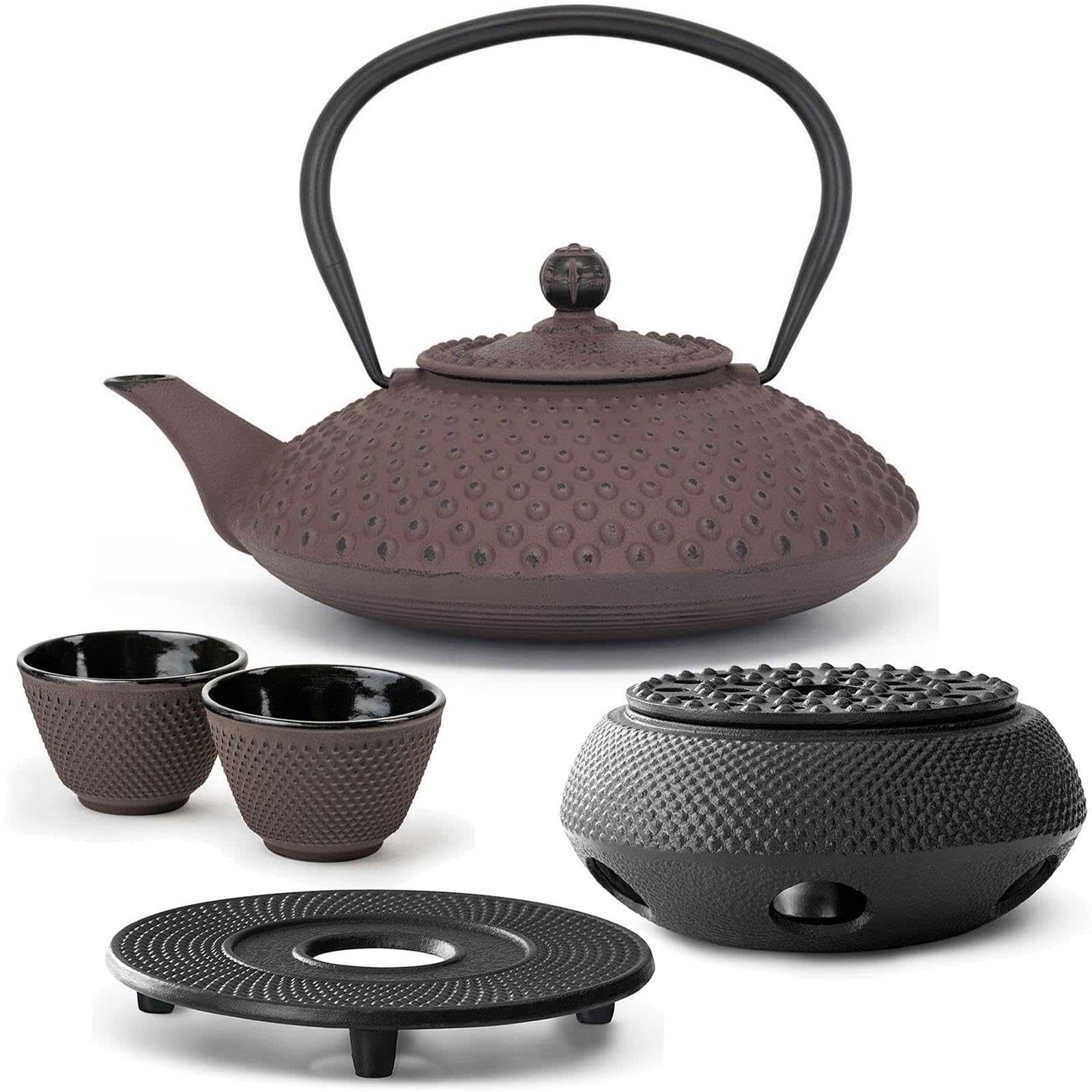 Bredemeijer Gusseisen Teekanne 1.25 Liter Induktion - flache Asia Gusskanne aubergine im Set mit 2 Teebecher (Tassen) Untersetzer & Stövchen & Teefilter-Sieb-Einsatz