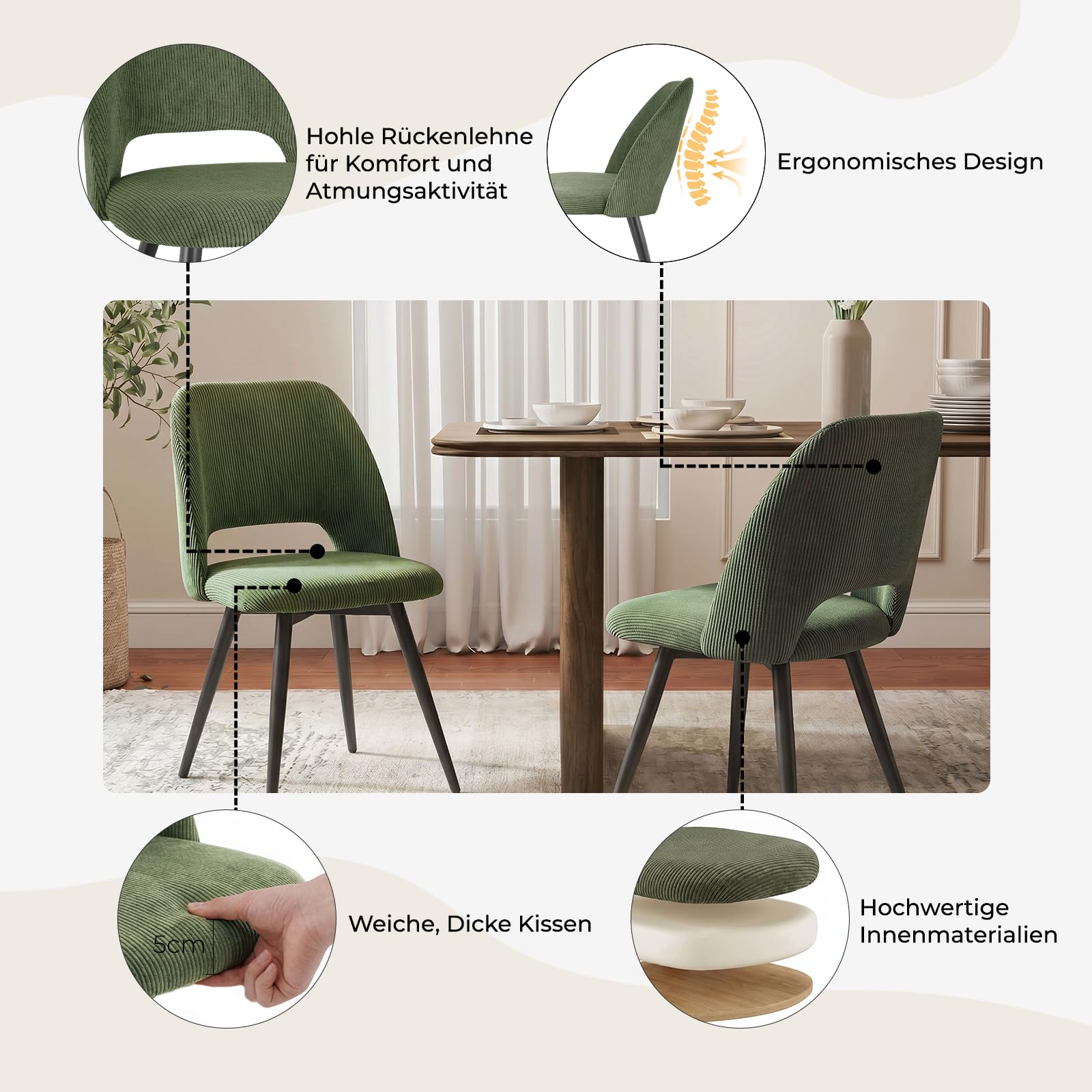 JIJIAN Esszimmerstühle 4er Set, Stühle Esszimmer, Küchenstühle, Wohnzimmer Essstühle mit Ausschnitt Rückenlehne Streifen Samt Stuhl, Gepolsterte Stühle für Esszimmer, Küche, Schlafzimmer, Grün