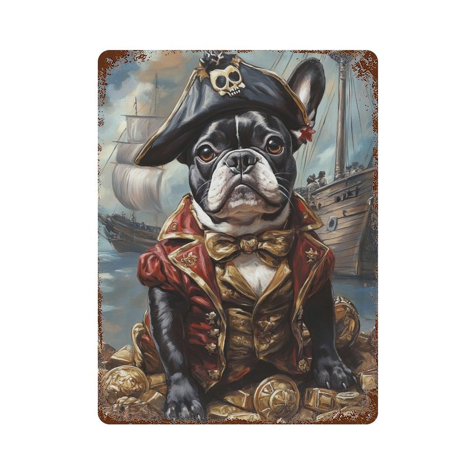 Pirate Bulldog Treasure Chest Rusty Metal Tin Sign 15.7"x11.8", for Patio, Garden Room And Bar Decor, Old School Wall Decor