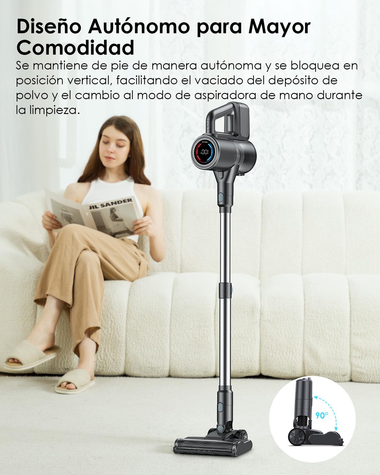 Aspiradora sin Cable, 500W/40KPA Aspiradora de Escoba con 45 Min de Autonomía, Pantalla LED, Luz Verde, Filtración de 6 Etapas, Diseño Autoportante para Suelos Duros, Alfombras y Pelo de Mascotas