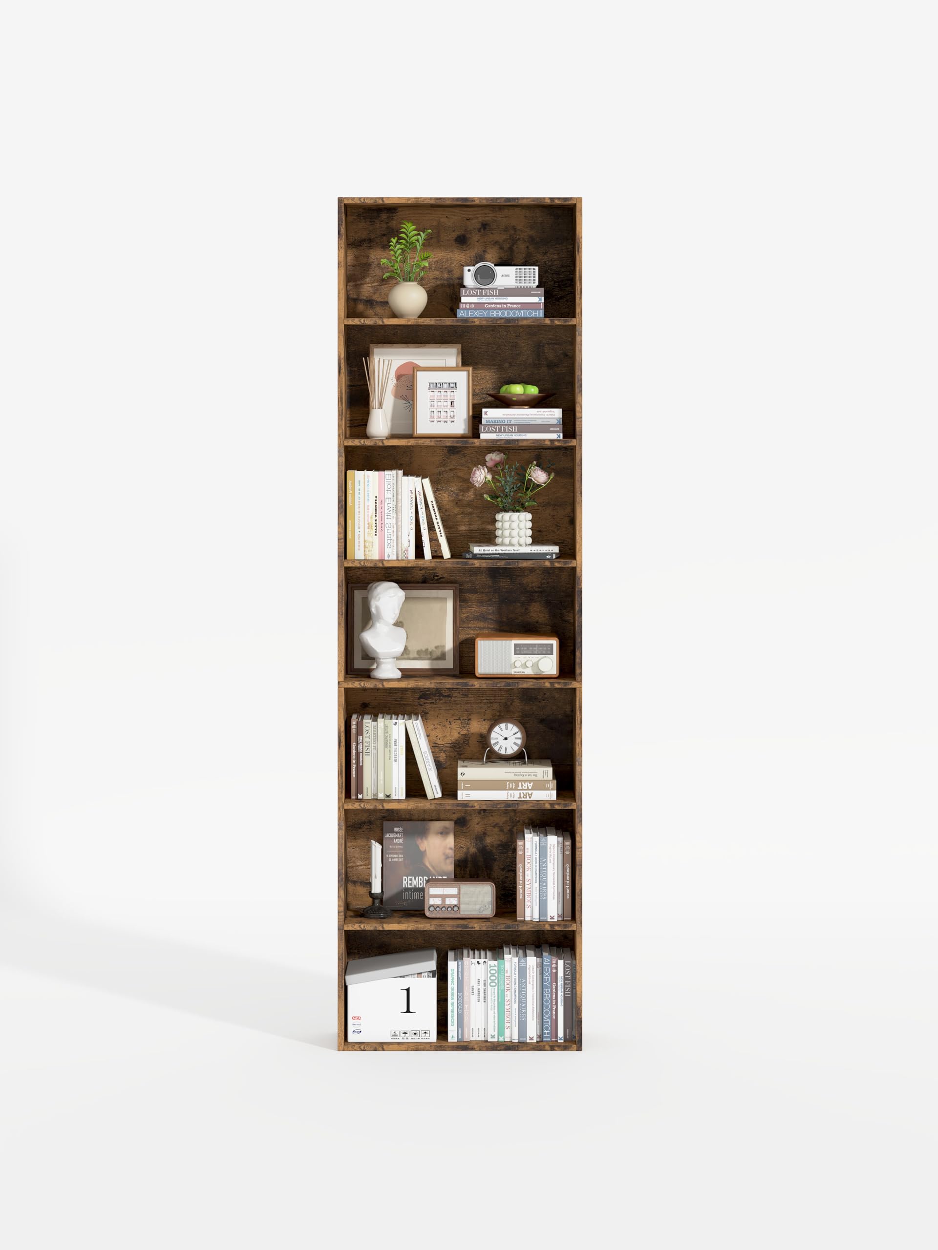 Garvis Standregal 7 Ebenen | 60 cm breit, 210 cm hoch | Offenes Bücherregal Weiß Schwarz Eiche | Büroregal Wohnzimmer (Rustikal)
