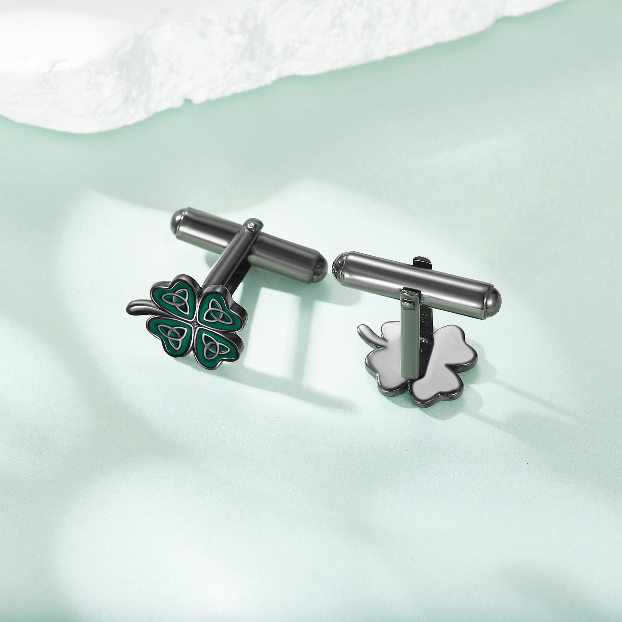 Gemelli a quadrifoglio in argento Sterling con quadrifoglio nero verde smoking gemelli per marito padre fratello, Taglia unica, Argento sterling, Nessuna pietra preziosa