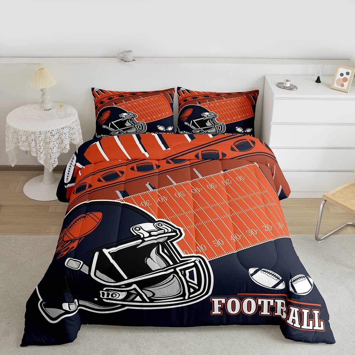 Erosebridal Football City Comforter Set Toddler Rugby Football Fans Bedding Gifts for Kids Girls Boys Bedroom Decor,Sports Rugby Gaming Bedding Set Orange Navy Quilt,2 Pcs