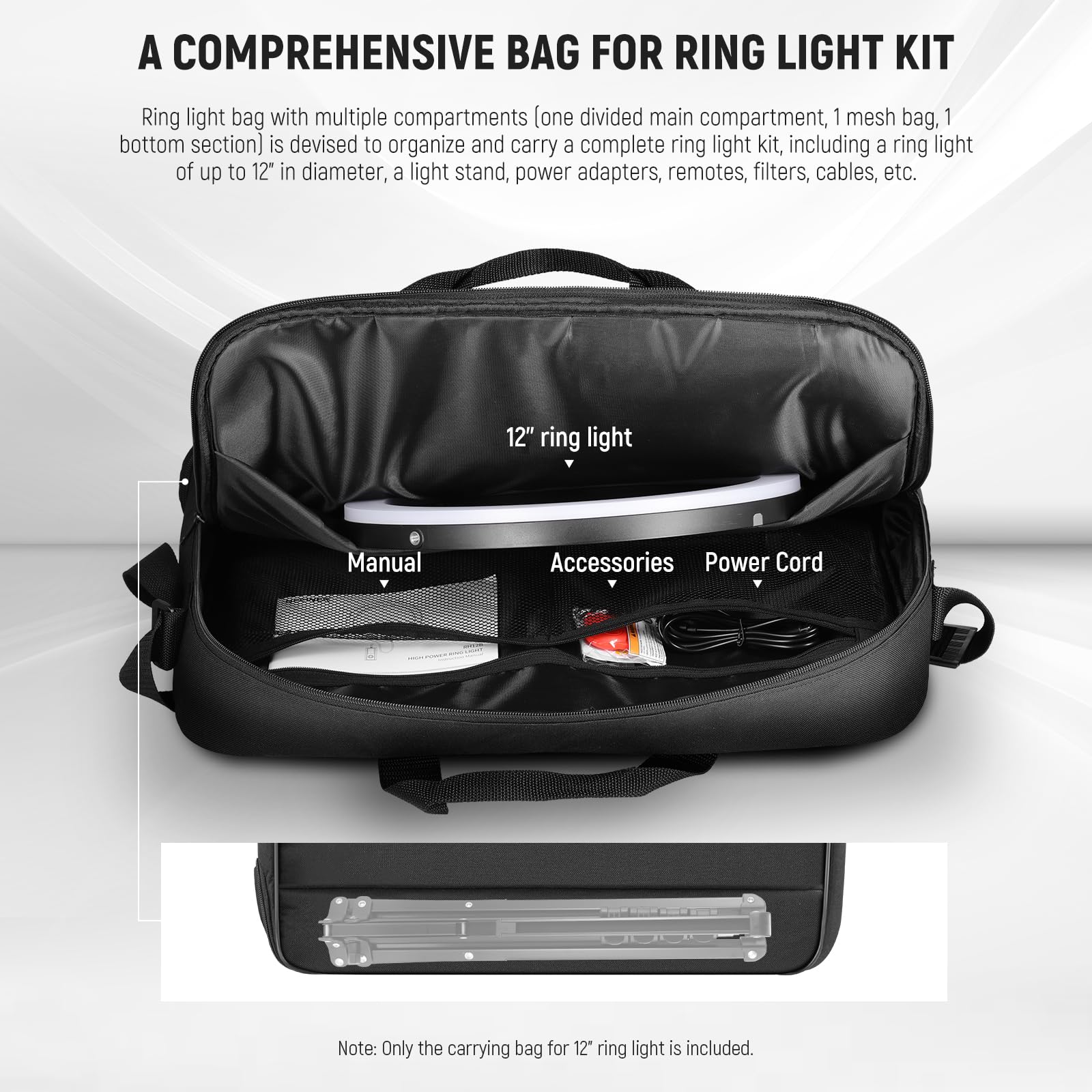 NEEWER Borsa da Trasporto per Ring Light 12" per RH12B RH12C RH10B RH8B, Custodia Protettiva Portatile in Nylon da 50x42cm con Sezione Separata per Treppiede Stativo Luce Piegato Fino a 50cm
