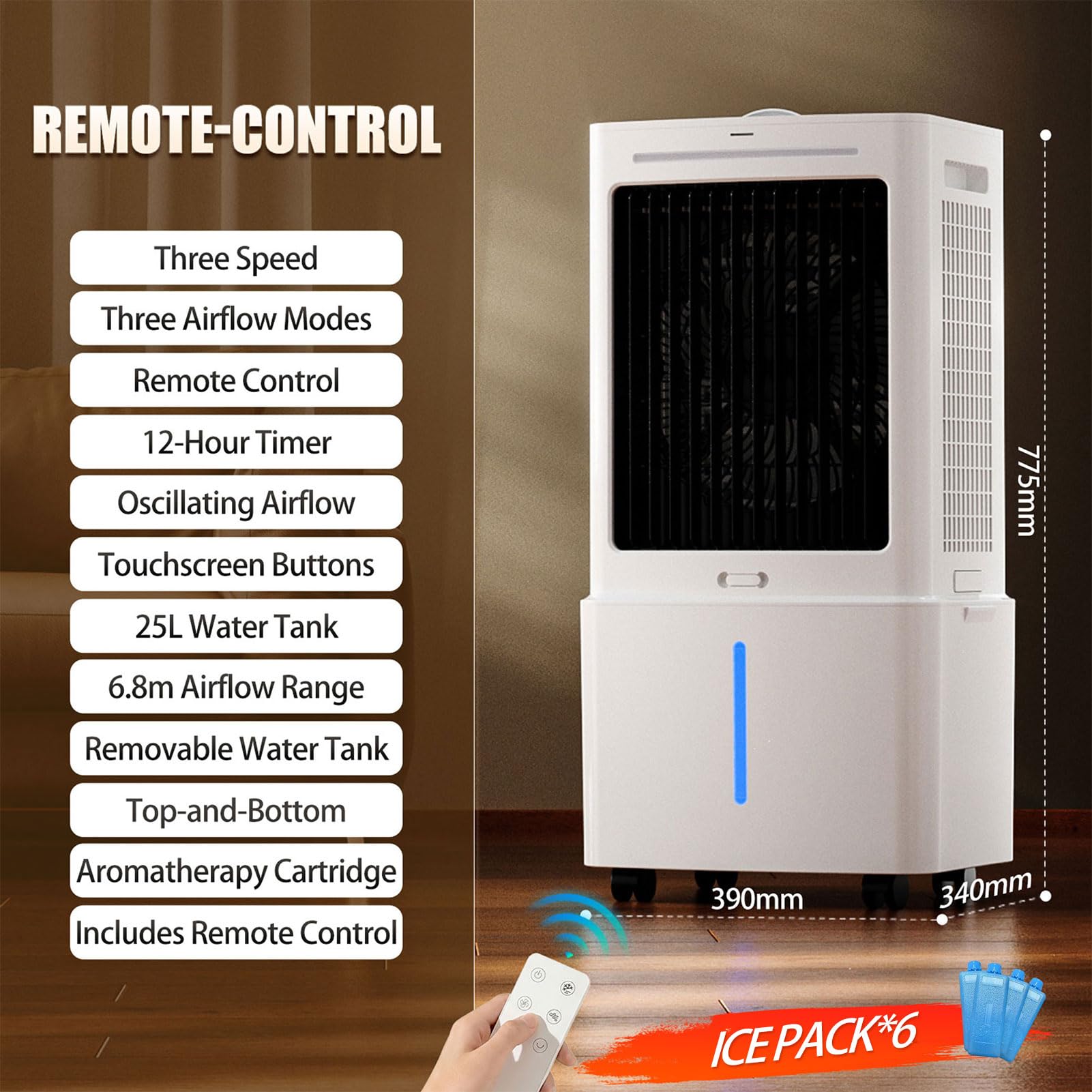 Raffrescatore Evaporativo 25L, Raffrescatore d'Aria Portatile senza Finestre 3-in-1, 3 Velocità e Modalità, Telecomando, Timer 12h, Pacchetti Ghiaccio, per Soggiorno, Ufficio, Officina
