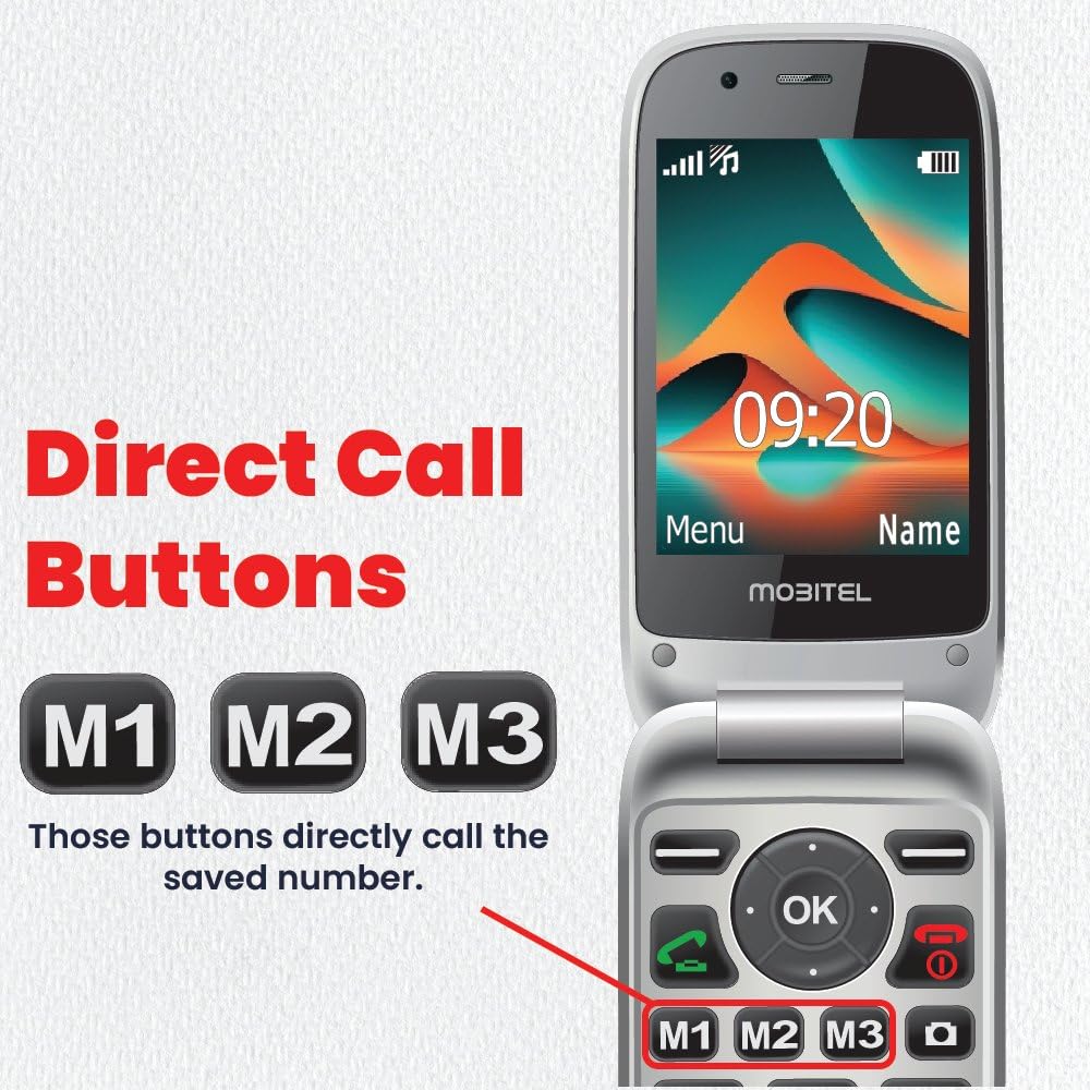 Mobitel 8010 - Teléfono móvil para personas mayores con botón grande para ancianos, 4G, SIM, desbloqueado, botón de emergencia SOS, 1400 mAh, larga espera, altavoz fuerte fácil de usar, base de carga