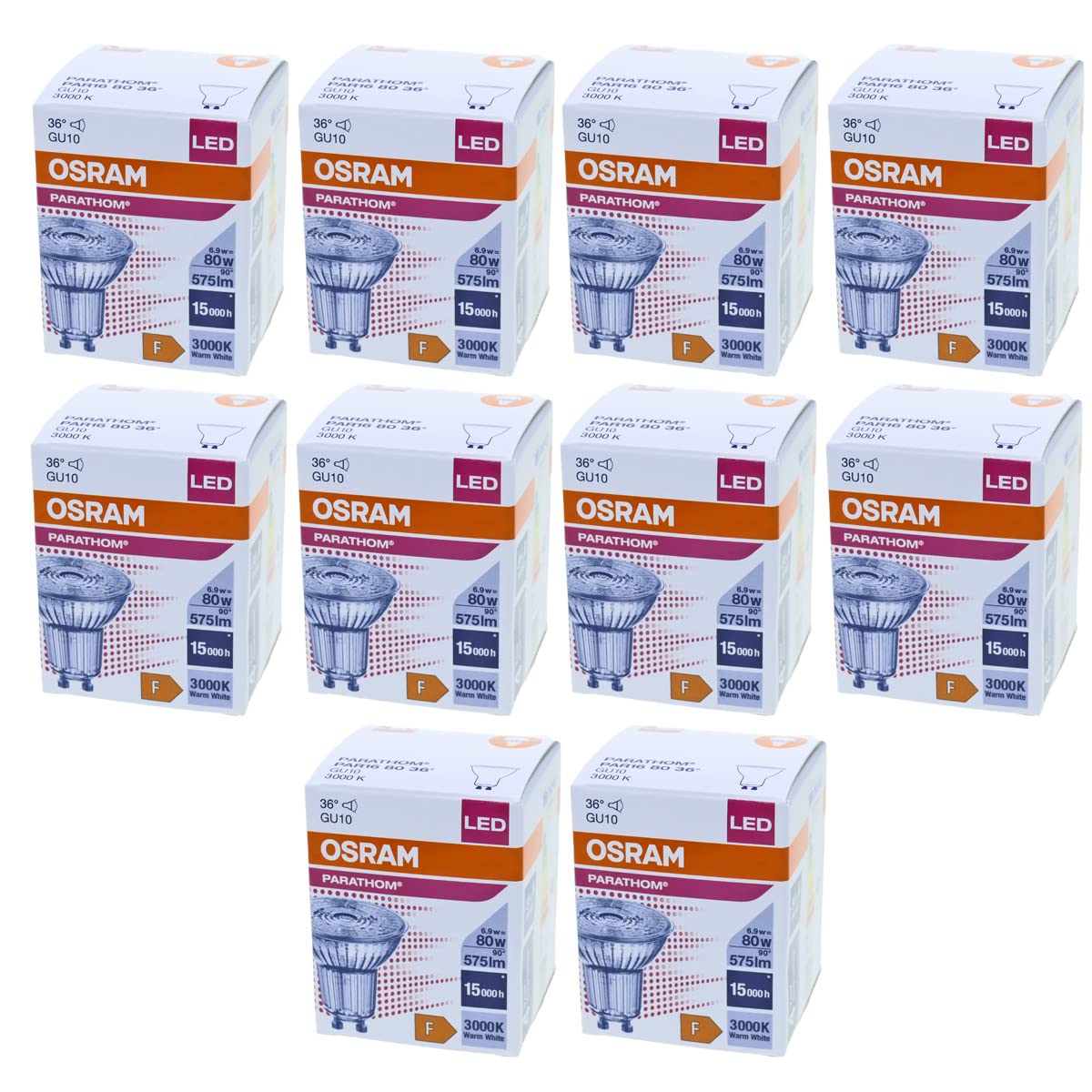 Osram 10x Performance LED-Spot Reflektor GU10 PAR16 8.3W 575lm 60D - 927 Extra Warmweiß Dimmbar