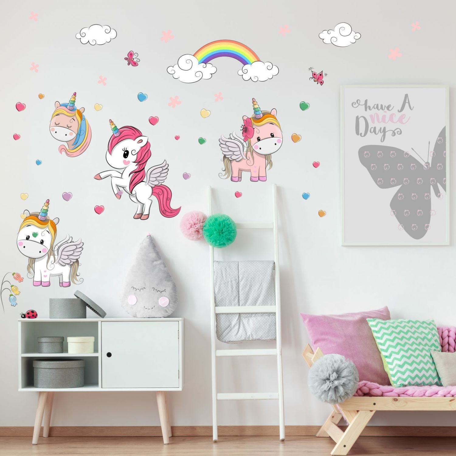 nikima - 086 Wandtattoo Einhorn Regenbogen Kinderzimmer Deko - in 6 Größen - niedliche Kinderzimmer Sticker und Aufkleber süße Wanddeko Wandbild Junge Mädchen Größe 2000 x 1120 mm