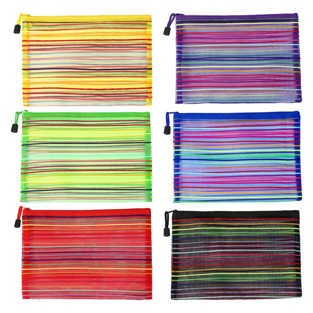 JIHUOO 6 Pcs A4 Plastic Zipper Wallets Rainbow Mesh Pouches with Zip Wallets Zipped Document Folders Colorful Stationery File Storage Holders