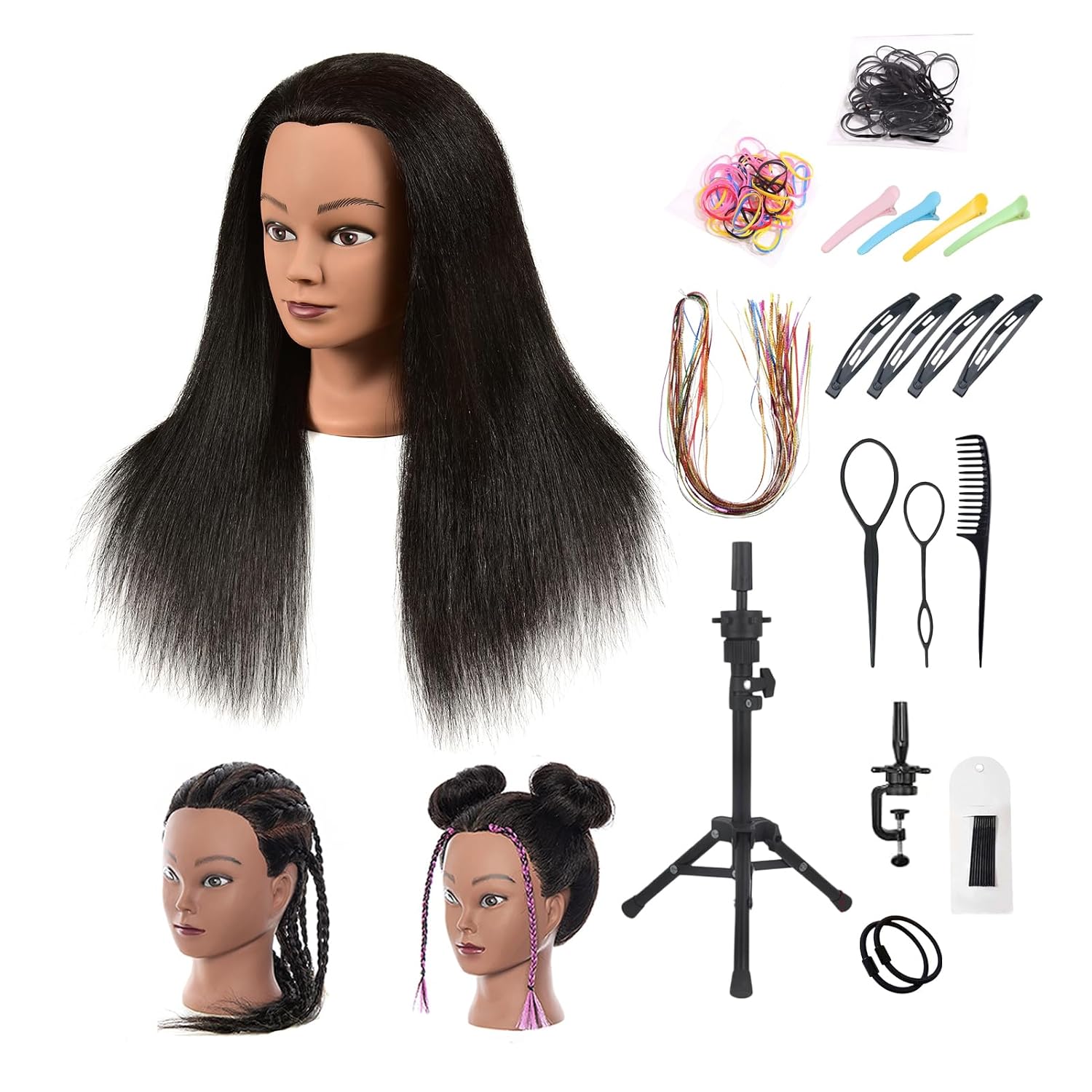 Real Hair Professional Mannequin Head, Cosmetology Manikin Practice Head, Upgrade Hairdresser Cosmetology Training Head For Styling Braid Curl Cut Practice (22'')