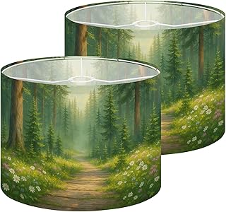 Lamp Shades Set of 2 Forest Tree Wood Green Pine Trees Wildflowers Woodland Mist Sunlight Drum Lamp Shades for Table Lamps Floor Lamps Pendant Light 10"x13" Replacement Lampshades Easy Assembly