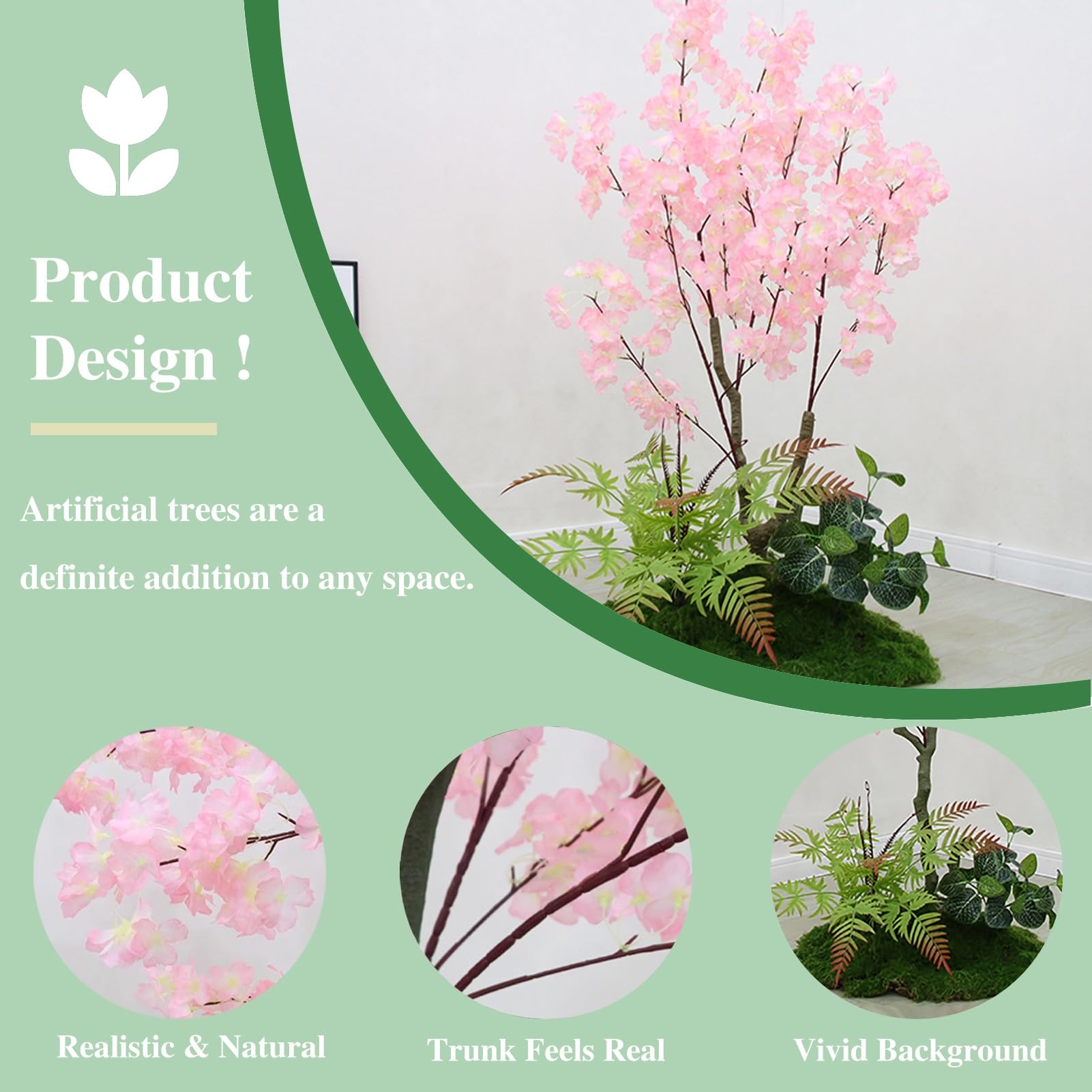Plantes Artificielles Imitation Cerisier en Fleurs avec Mousse Verte Artificielle, Superbe Faux Arbre de Plantes D'extérieur pour Porche de Patio, Pot Décoratif avec Fleur Presque Naturelle(H 200cm(6.