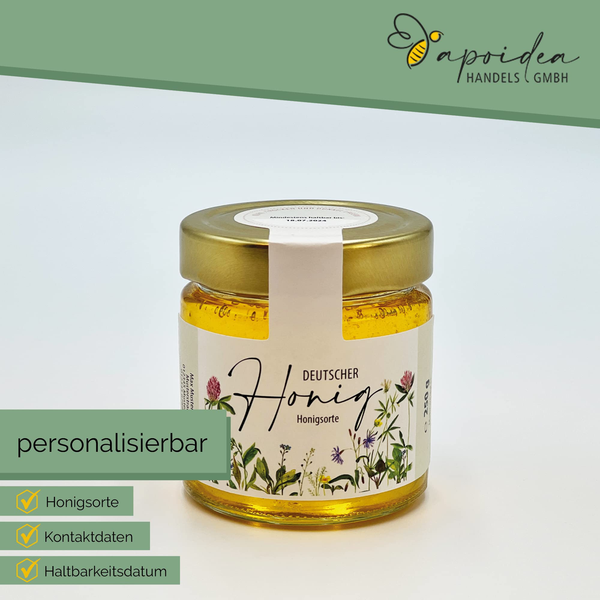 Apoidea – Honig Etiketten 250 g mit Gewährverschluss selbstklebend & personalisierbar - 25 Stück/Etiketten Honiggläser/Honig Aufkleber für selbstgemachten Honig/Honigetiketten für Honiggläser