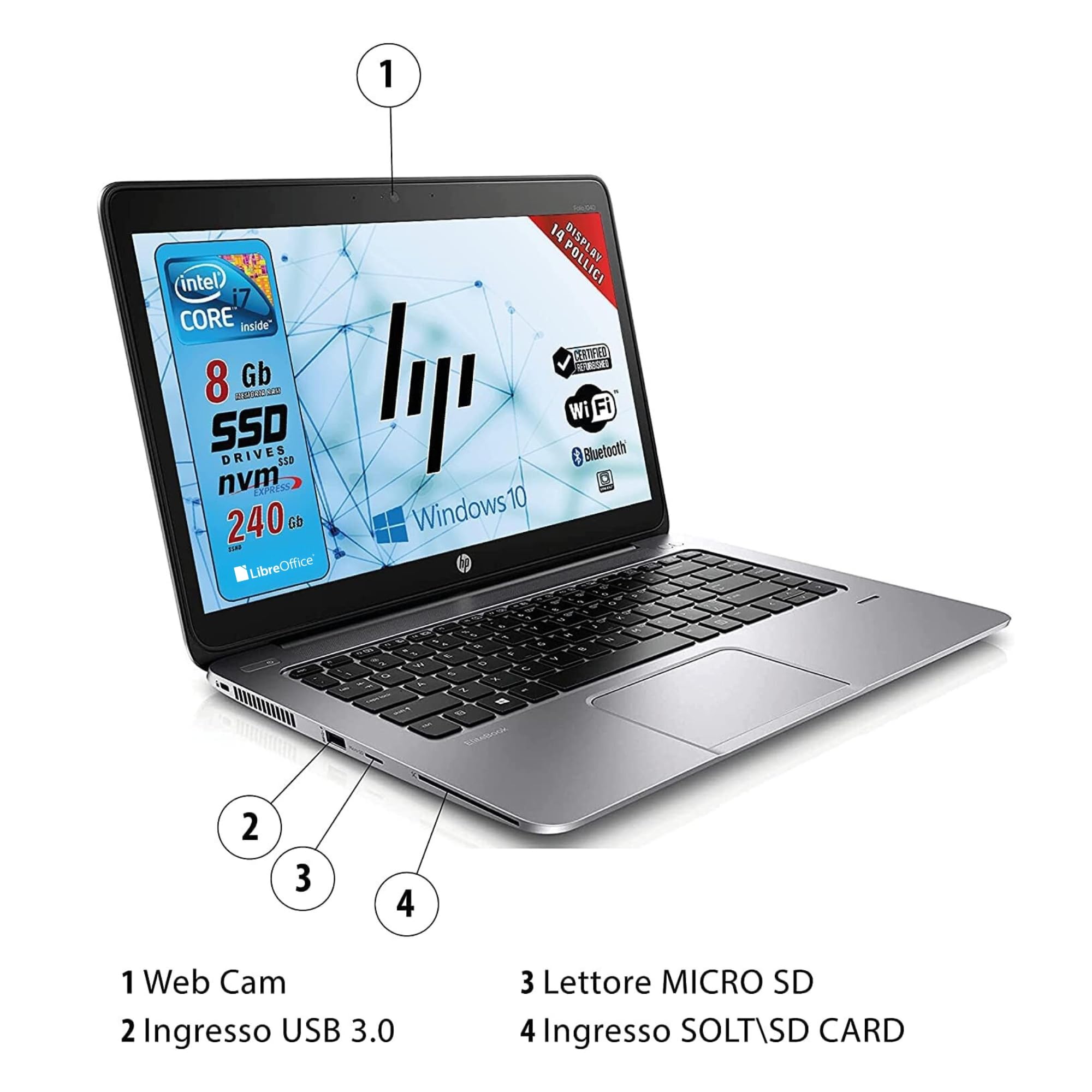 HP Elitebook Folio, Notebook Pc portatile Pronto All'uso, Display 14", Intel Core i7, Ram 8GB, SSD 240GB, Win 10Pro, Pacchetto Libre Office (Ricondizionato)