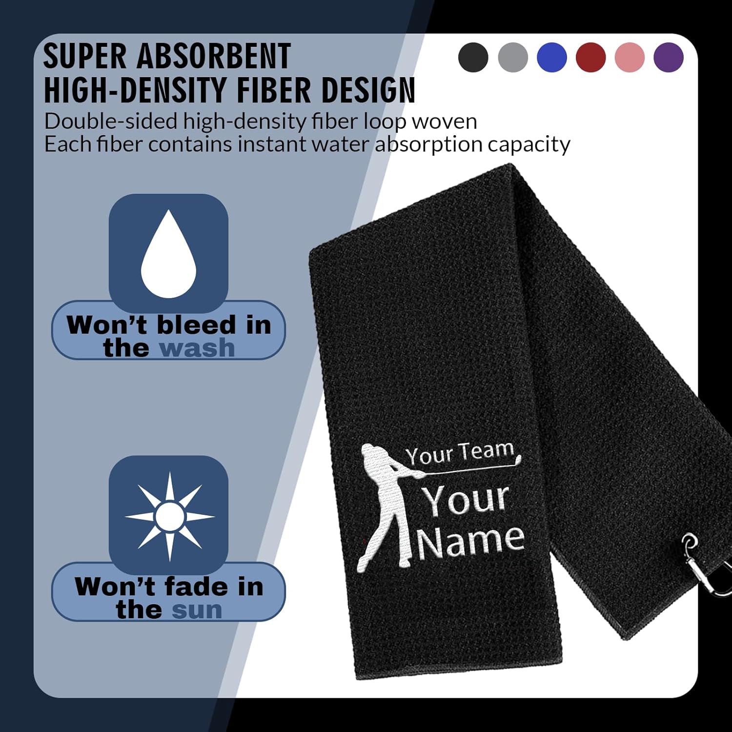 Custom Golf Towel with Carabiner Clip - Super Absorbent Waffle Texture Golf Towel for Golf Bags-6 Colors, Custom Name/Logo Golf/Your Own Image Accessories (Pink) - Image 5