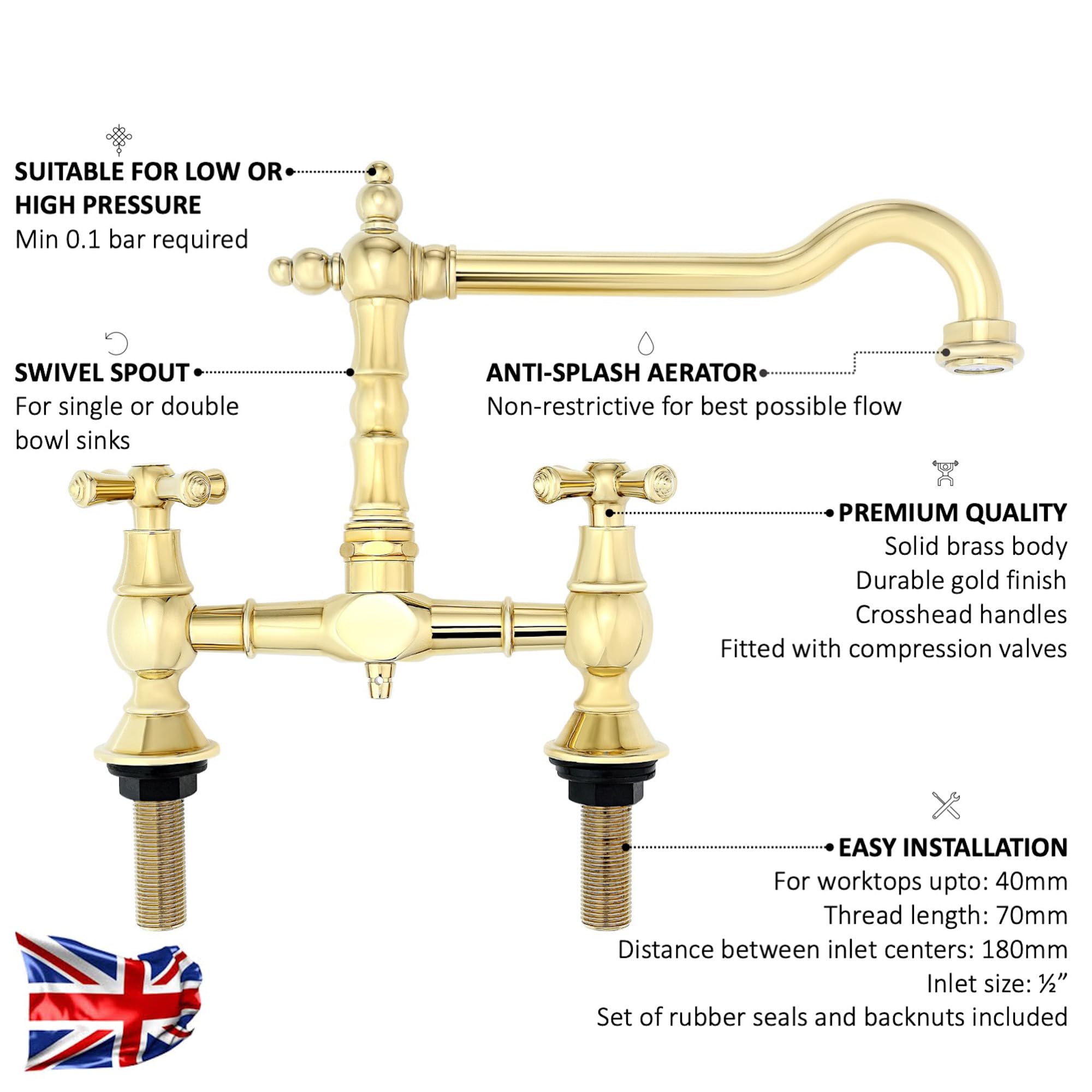 ENKI, Langley, KT114 - Grifo mezclador para fregadero de cocina tradicional, color dorado