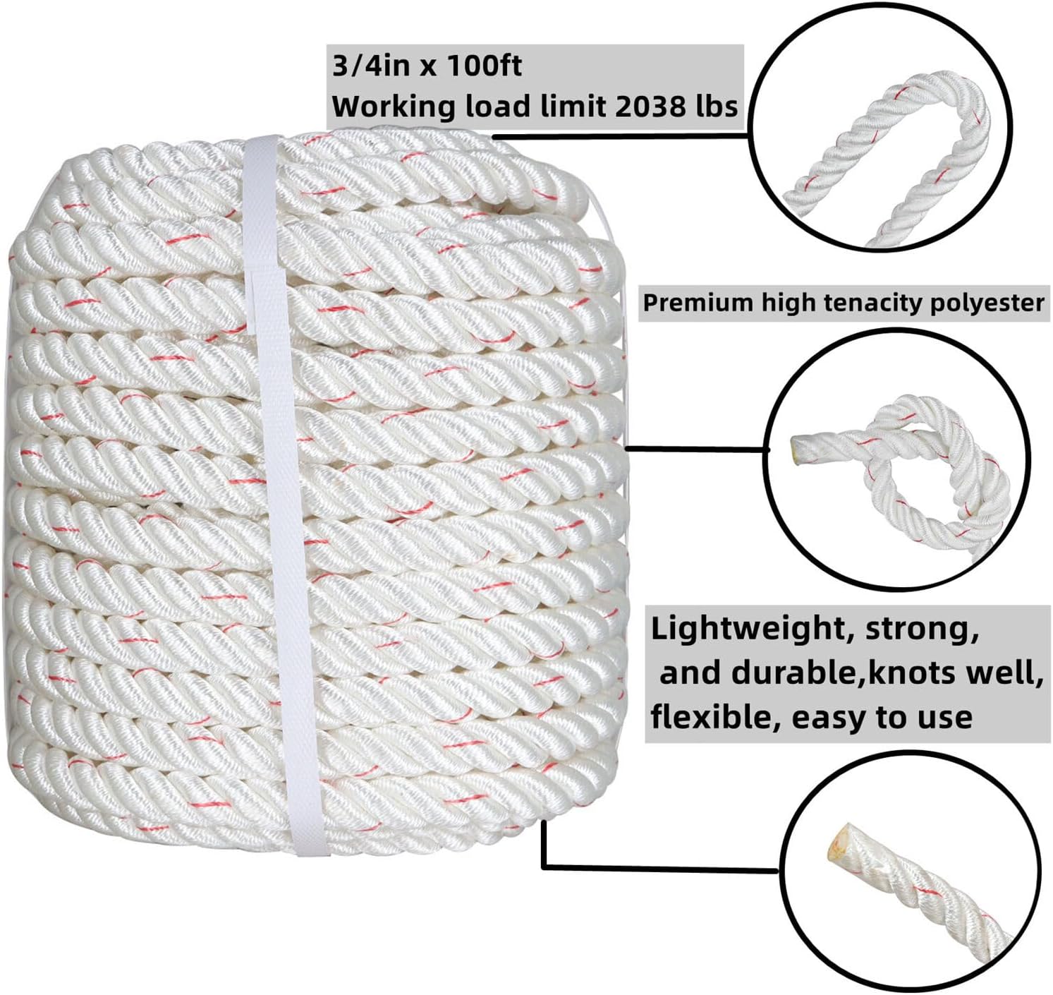 3/4In x 100FT Arborist Bull Rope | High Strength Polyester | Tree Rigging Line Utility Arbor Line | Double Braid Polyester Rope