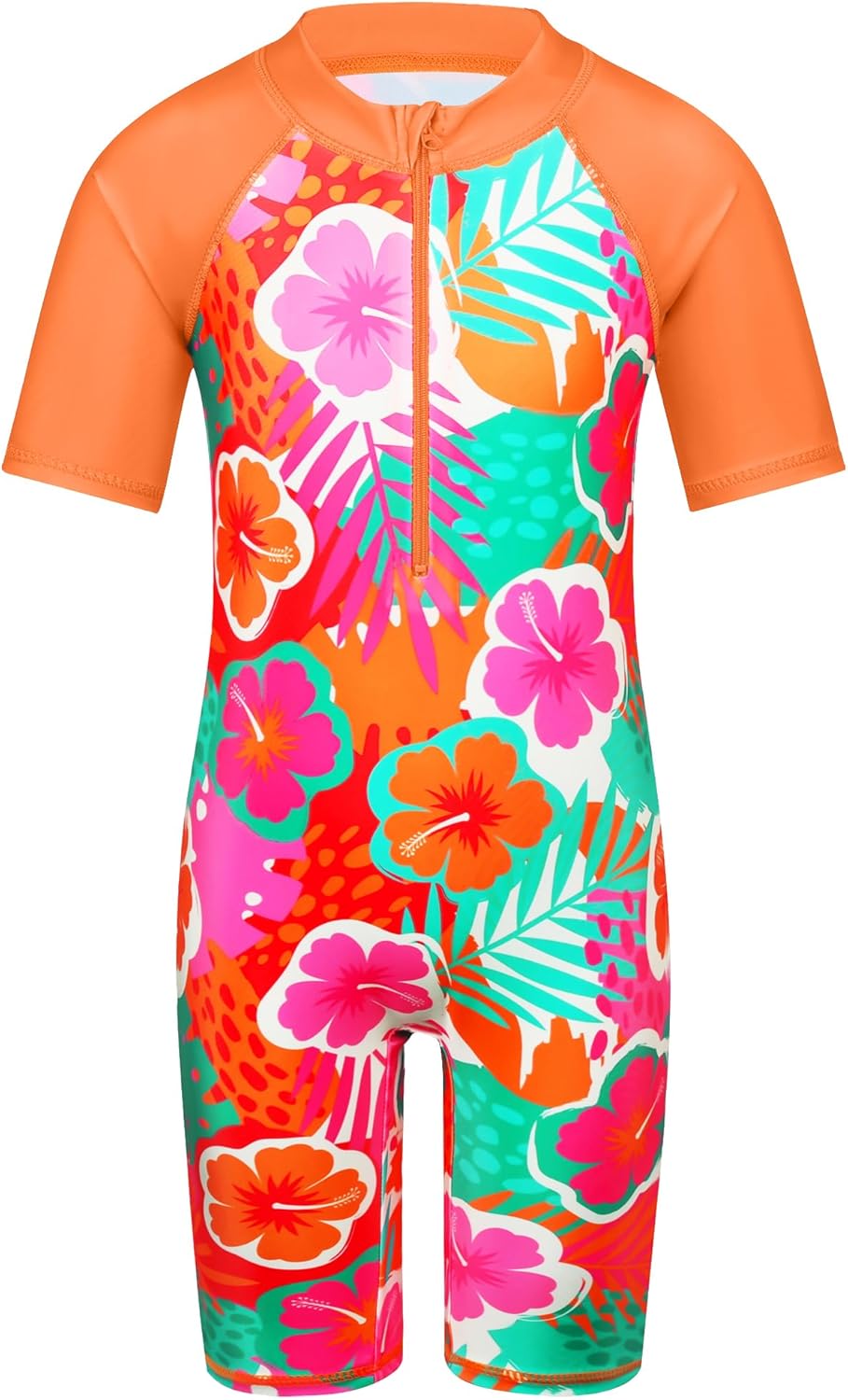 TFJH E Short Sleeve Girls Swimsuits UV 50+ One Pieces Bathing Suits Zipper 2-14Y