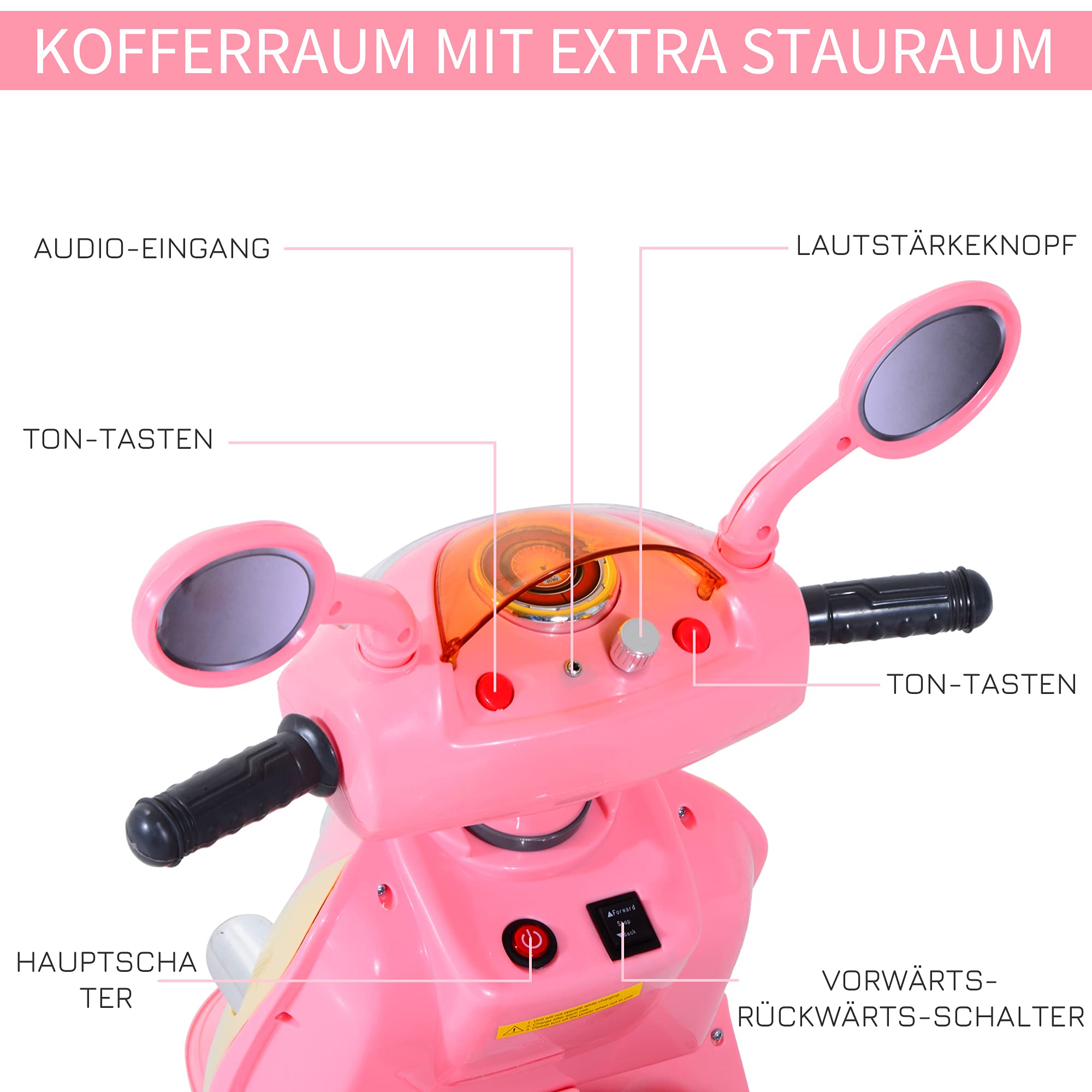 HOMCOM Elektro Kindermotorrad Elektromotorrad 6V 108x51x75cm Rosa+Gelb | Kinderelektroauto, Kinderfahrzeug, Dreirad, Metall+PP