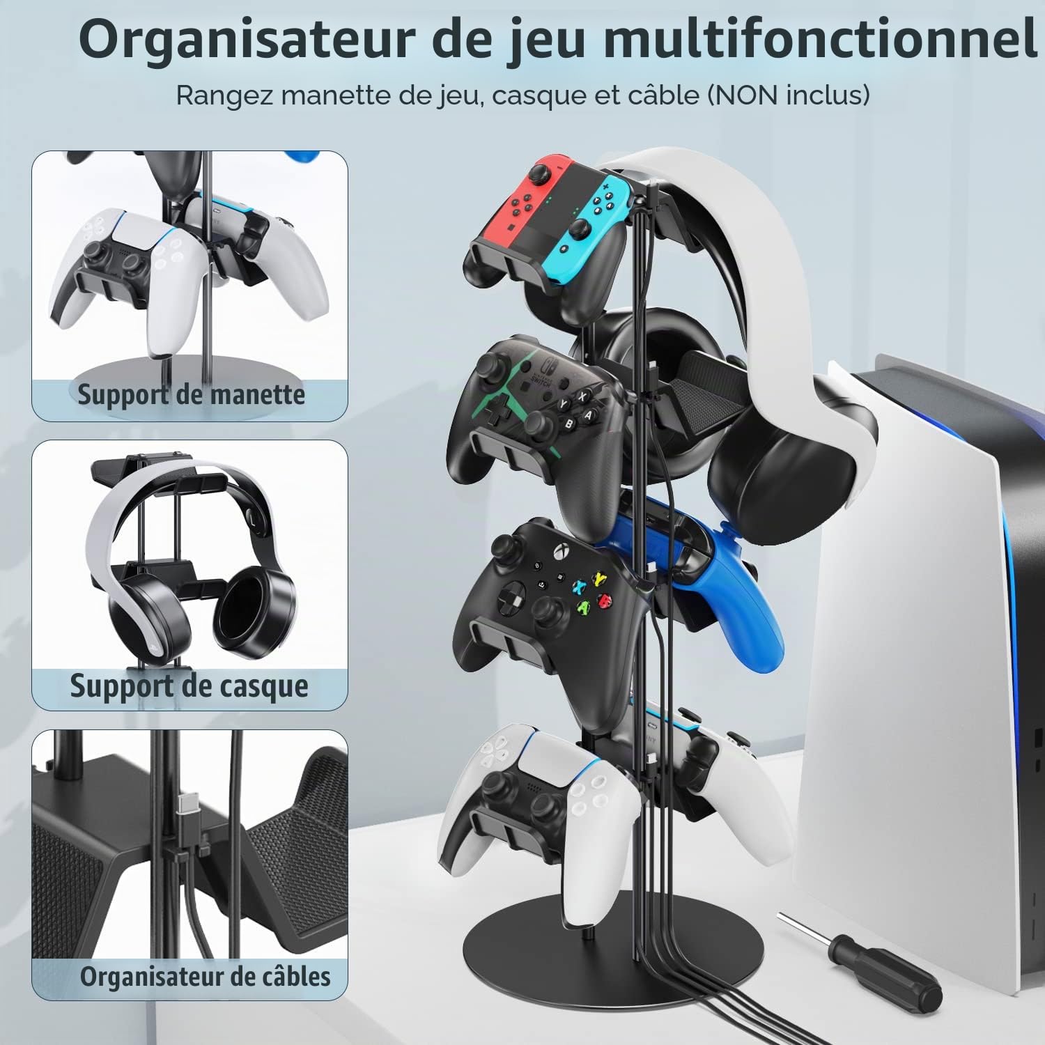 Kosker Support de Manette pour Manettes de Jeu, Support de Casque Gamer avec 4 Niveaux et Organisateur Câble, Rangement et Accessoire Universel pour Bureau, Systèmes Sega