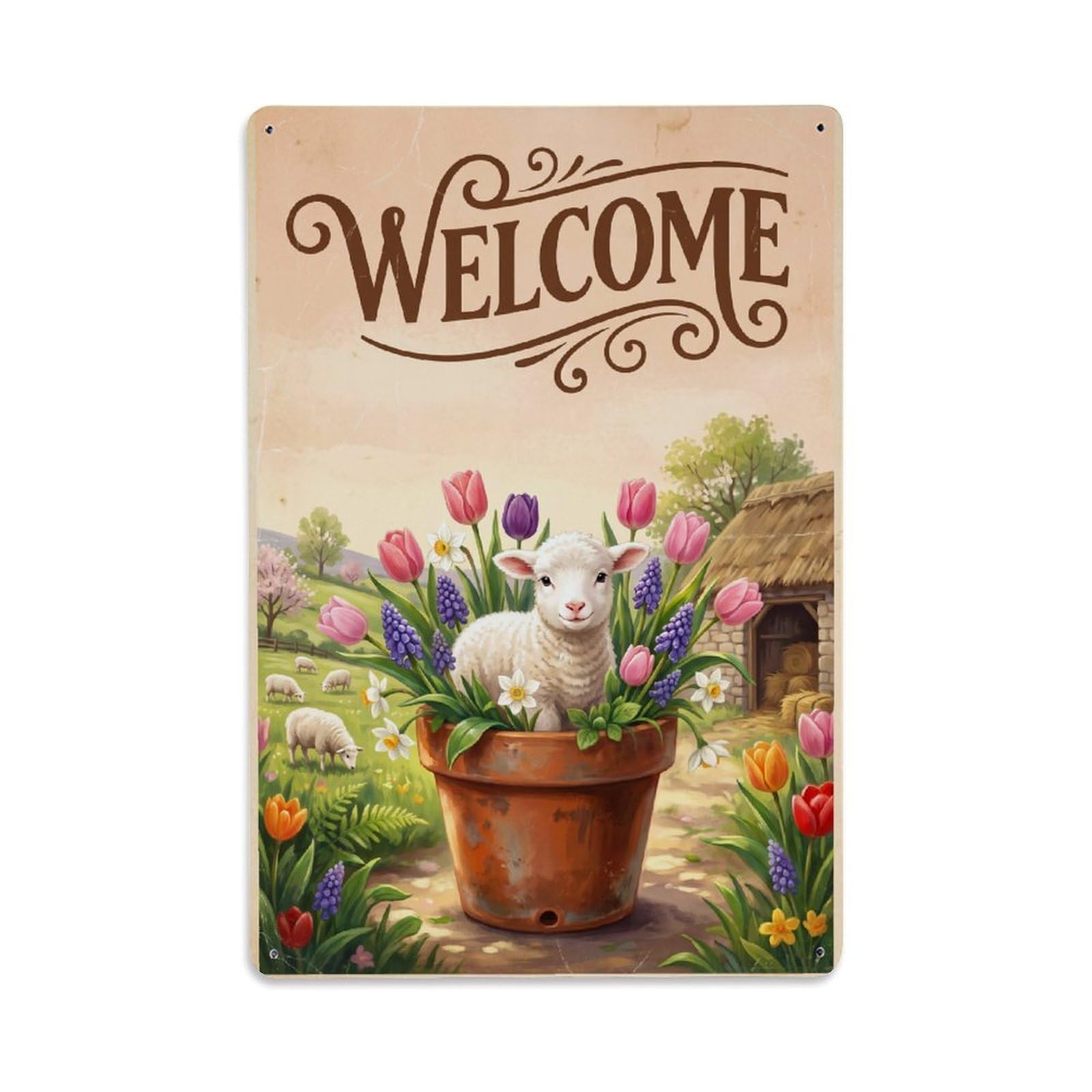 Cxhjca 8X12inch(20X30cm) Vintage Welcome Lamb Garden Party Metal Tin Sign