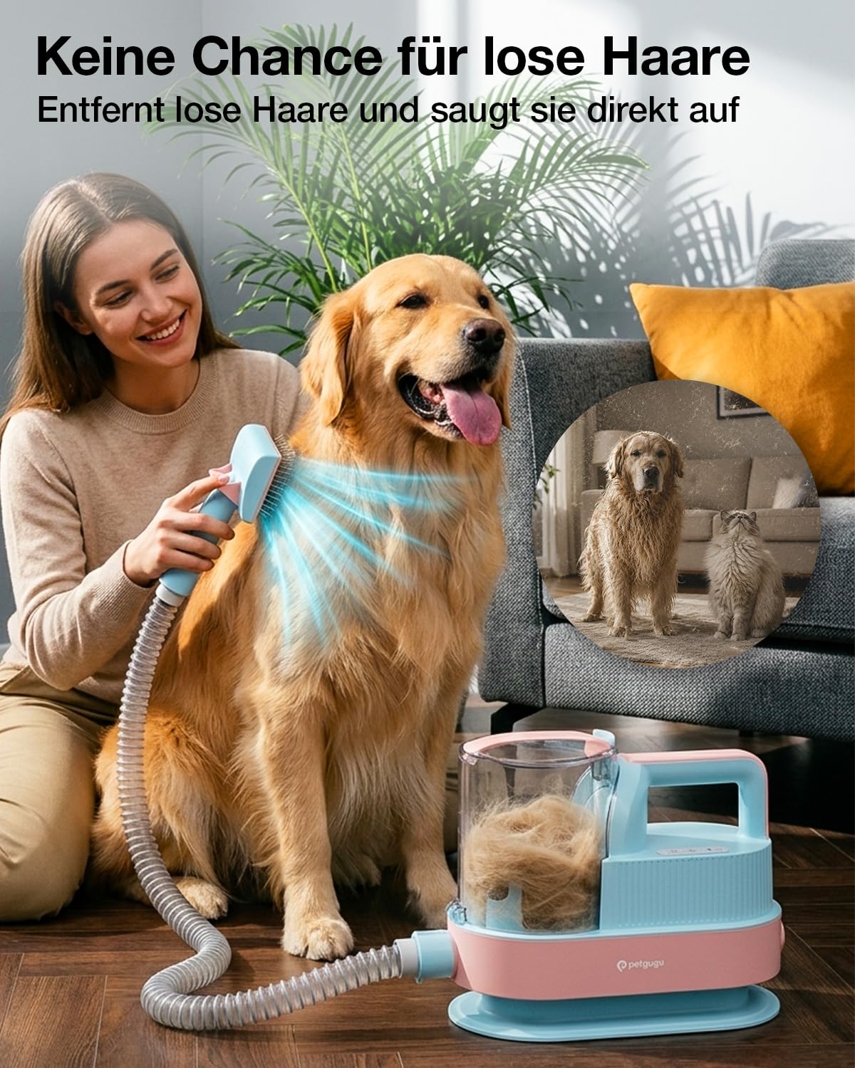 PETGUGU Hundeschermaschine mit Staubsauger, 7-in-1 Tierpflegeset für Hunde und Katzen, leiser Hundestaubsauger mit 11000 Pa, 2,5L Behälter und 3 Saugstufen, Tierhaarschneidemaschine M1 Pro, Blau