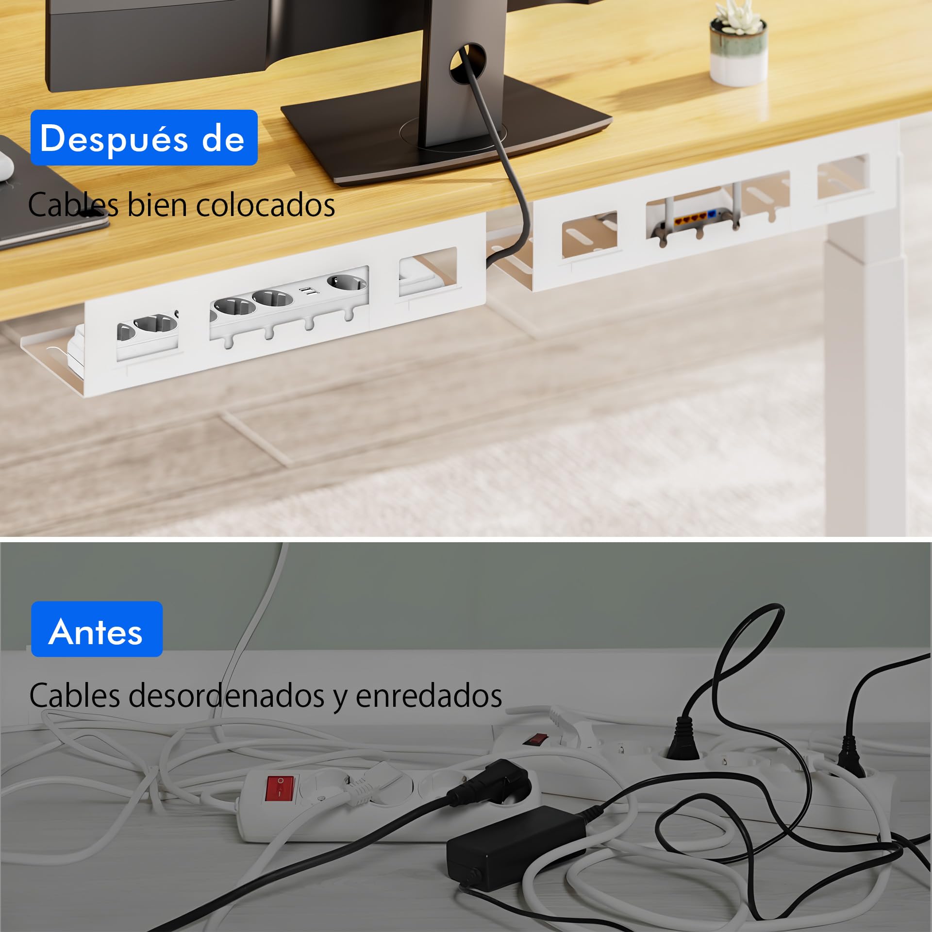 Mimoke Set de organización para cables - Paquete de 2 en acero negro Organizador de cables para escritorios de pie, caja para cables y enchufes, revestimiento en polvo, montaje fácil (Blanco)