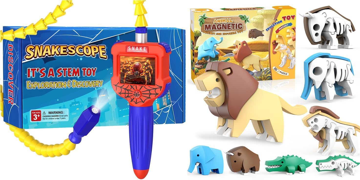 Borescope Snake Camera with Light for Kids Magnetic Animal Building Toys, STEM Toddler Learning Toys 3D Puzzle Animals