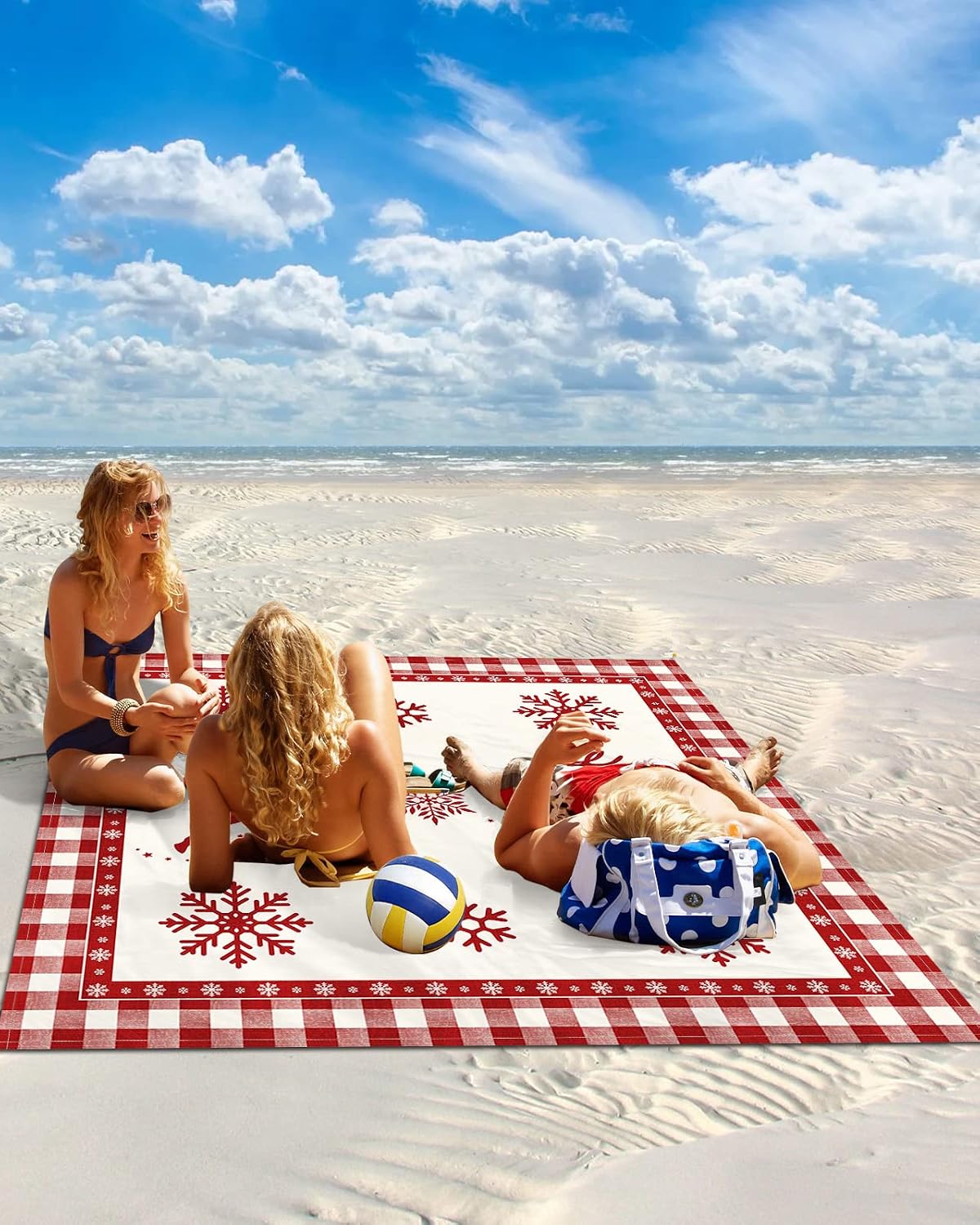 Ethnic Retro Christmas Elk Red Snowflake Beach Blanket Waterproof Sandproof Outdoor Picnic Mat 83"x79" Pastoral Style Buffalo Plaid Lightweight Large Beaach Blankets with 4 Stake & 4 Corner Pockets