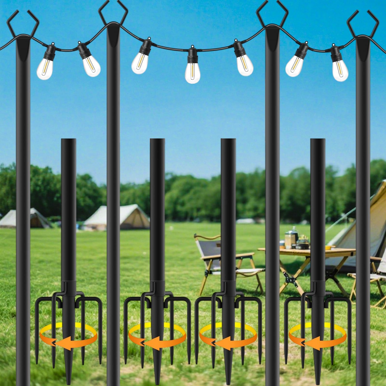 4 Pezzi pali per striscia luminosa, pali in metallo da 3 m con forcella per luci da esterno, supporto per illuminazione resistente per esterni, patio, giardino, cortile, feste, decorazioni natalizie
