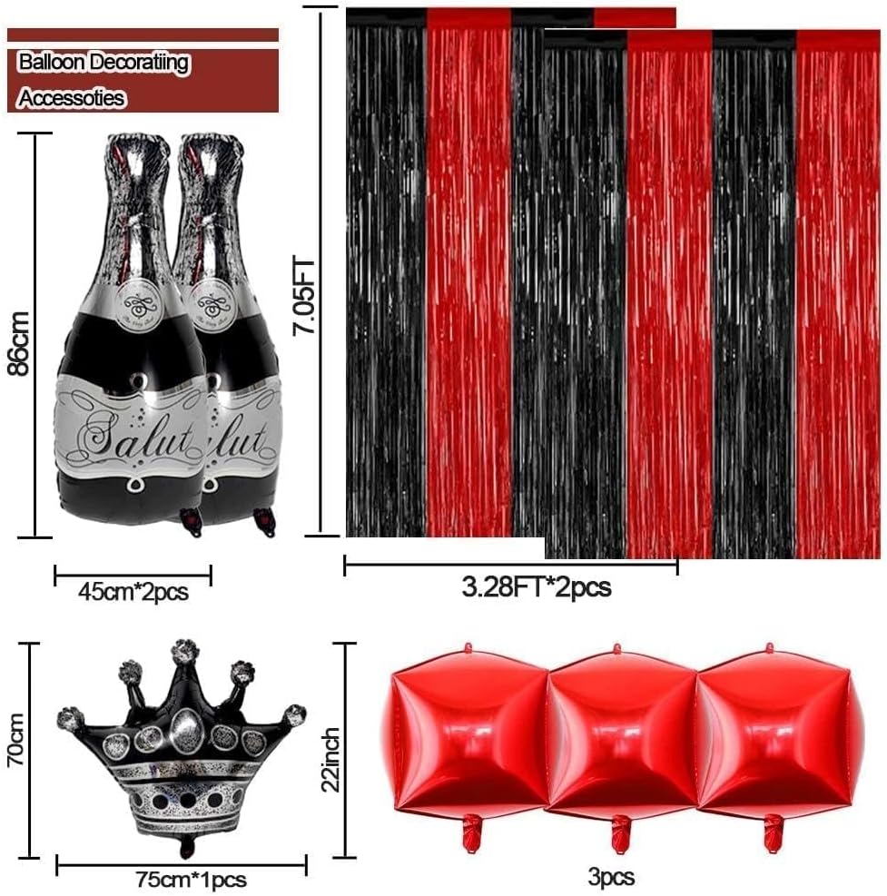 Red Black Party Balloon Kit 2pack Foil Fringe Curtains,Square Foil Wine Bottle Crown Balloons Doubled Burgundy Black Balloon Arch for Birthday Bachelorette Gothic Vampire Celebration Wine Party Decor