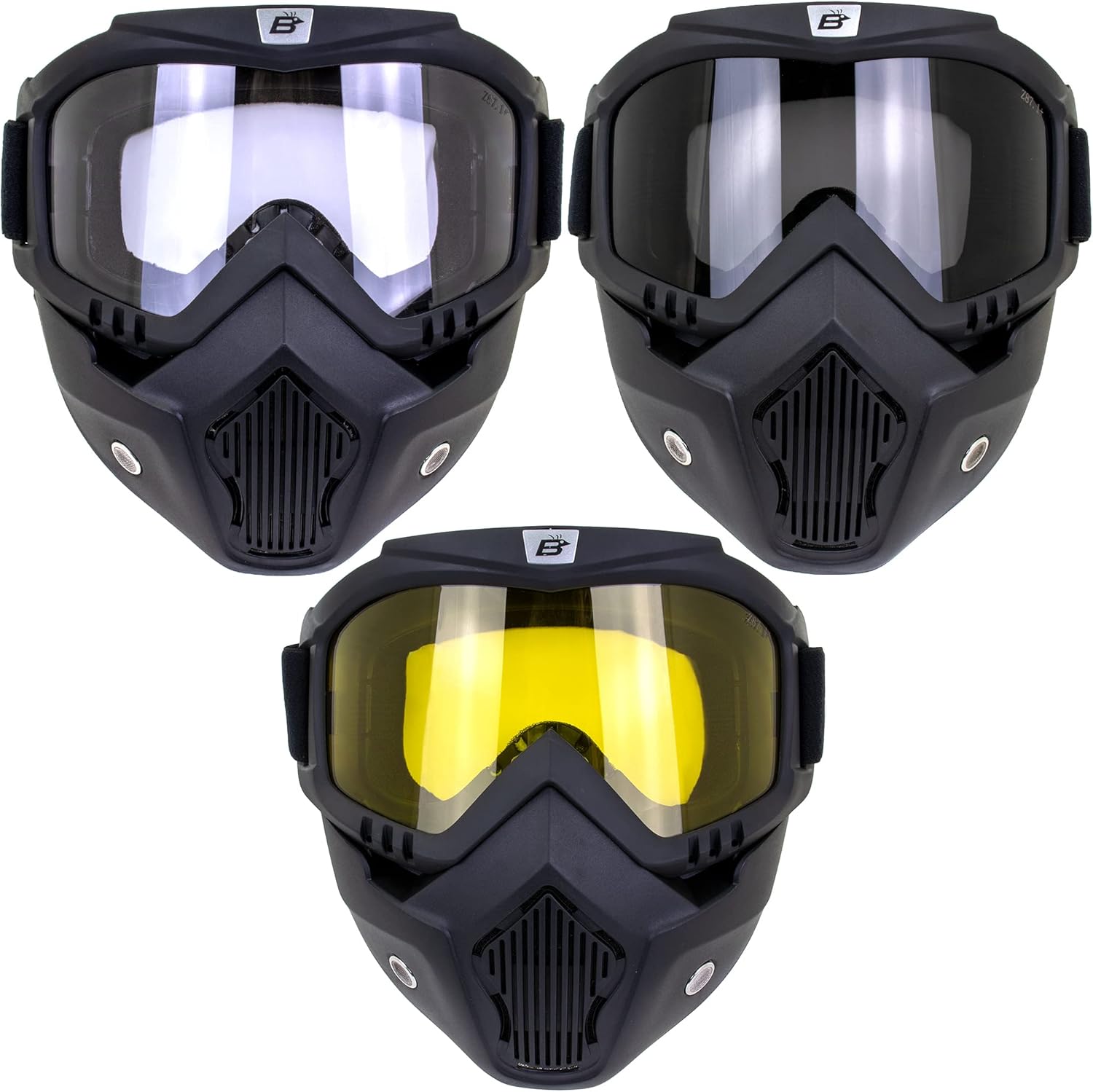 Birdz Eyewear Skylark Motorcycle Goggles Removable Face Mask 3 Pairs Black Frames with Clear Smoke Yellow Lenses
