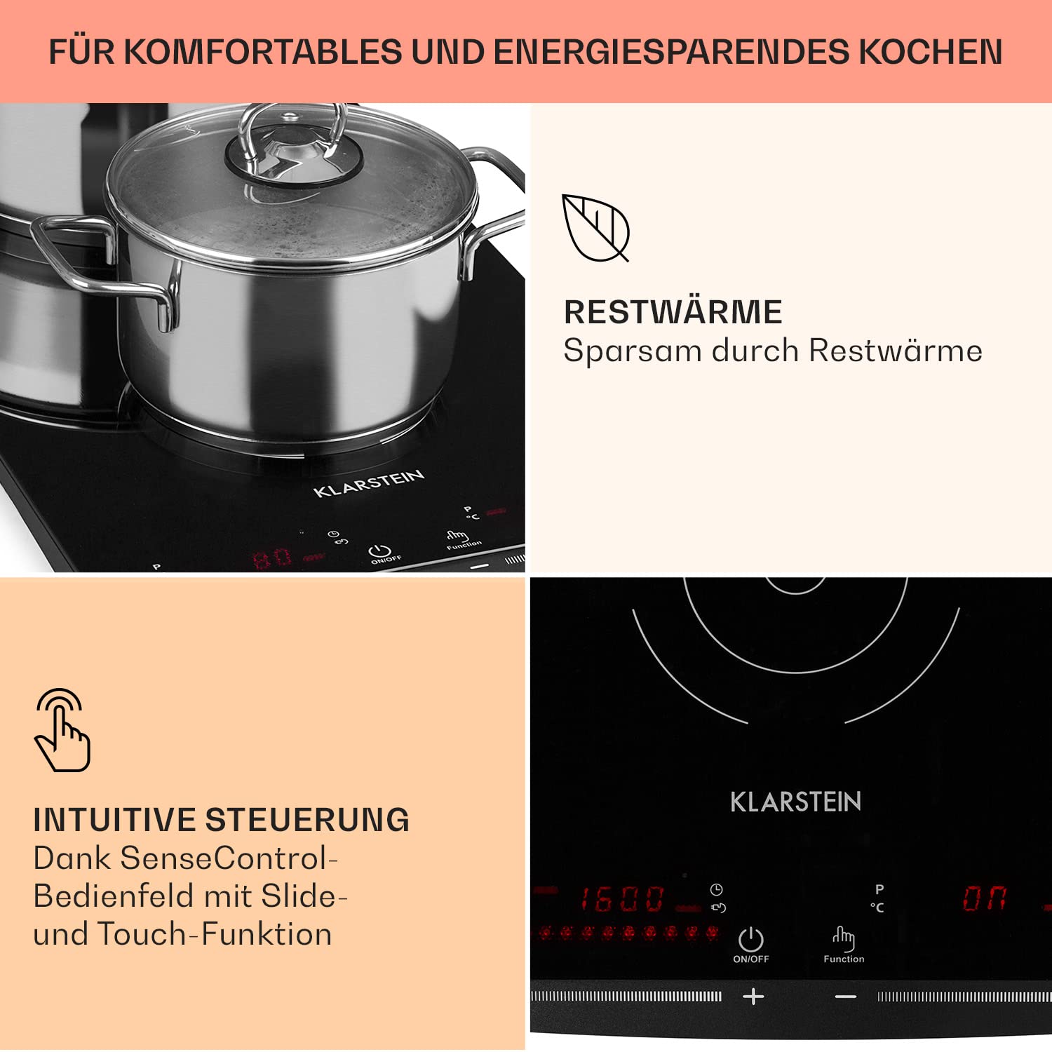 Klarstein Induktionskochfeld, Elektrisch, Moderne Kochplatte, für Camping, 2 Platten, 2er Induktionskochplatte Mobil, 2900 W