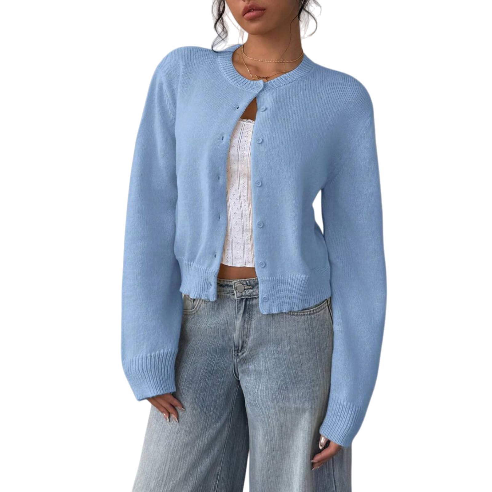 Womens Button Down Cropped Lightweight Cardigan Long Sleeves Sweater Cute Fall Fashion Fancy Sweaters for Women