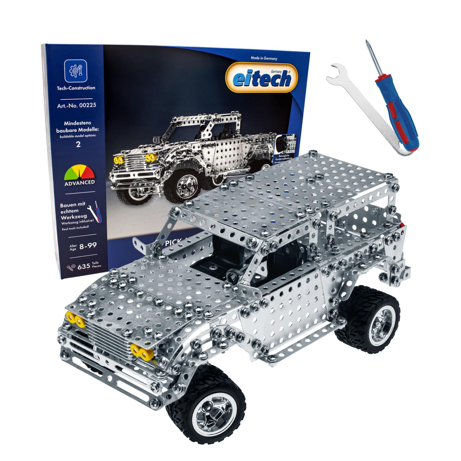 Eitech 00225 Metalowy Zestaw do Budowy Pick-up/Jeep - 635 Części, Model Ciężarówki, Zabawka Konstrukcyjna dla Dzieci od 8 Lat i Dorosłych