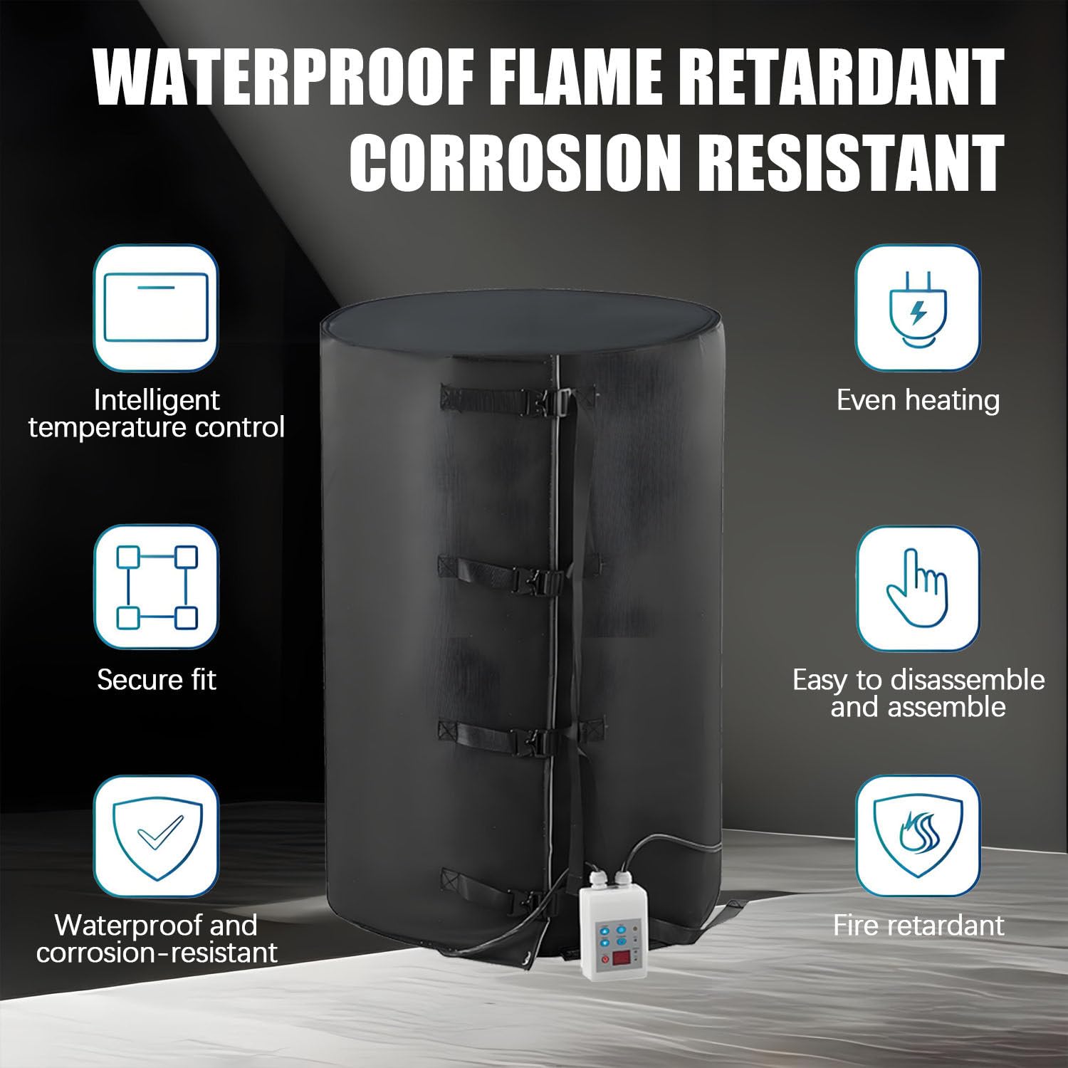 Coperta riscaldante isolata per fusti da 200L/1000L, riscaldatore per fusti IBC, riscaldamento rapido e temperatura regolabile opzionale da 0 a 120℃/0 a 150℃, per fusti di petrolio 200L120°-BLACK