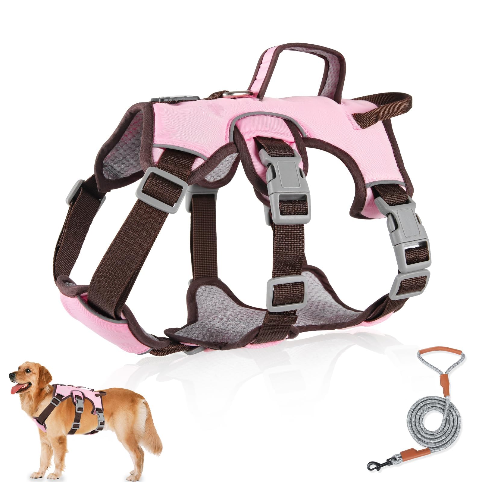 Dog Harness and Lead Set, No Pull Dog Harness with 1.5m Leather Dog Lead, Anti Escape Adjustable Pet Vest Harness, Reflective No-Choke Pet Harness for Walking, Training and Outdoor