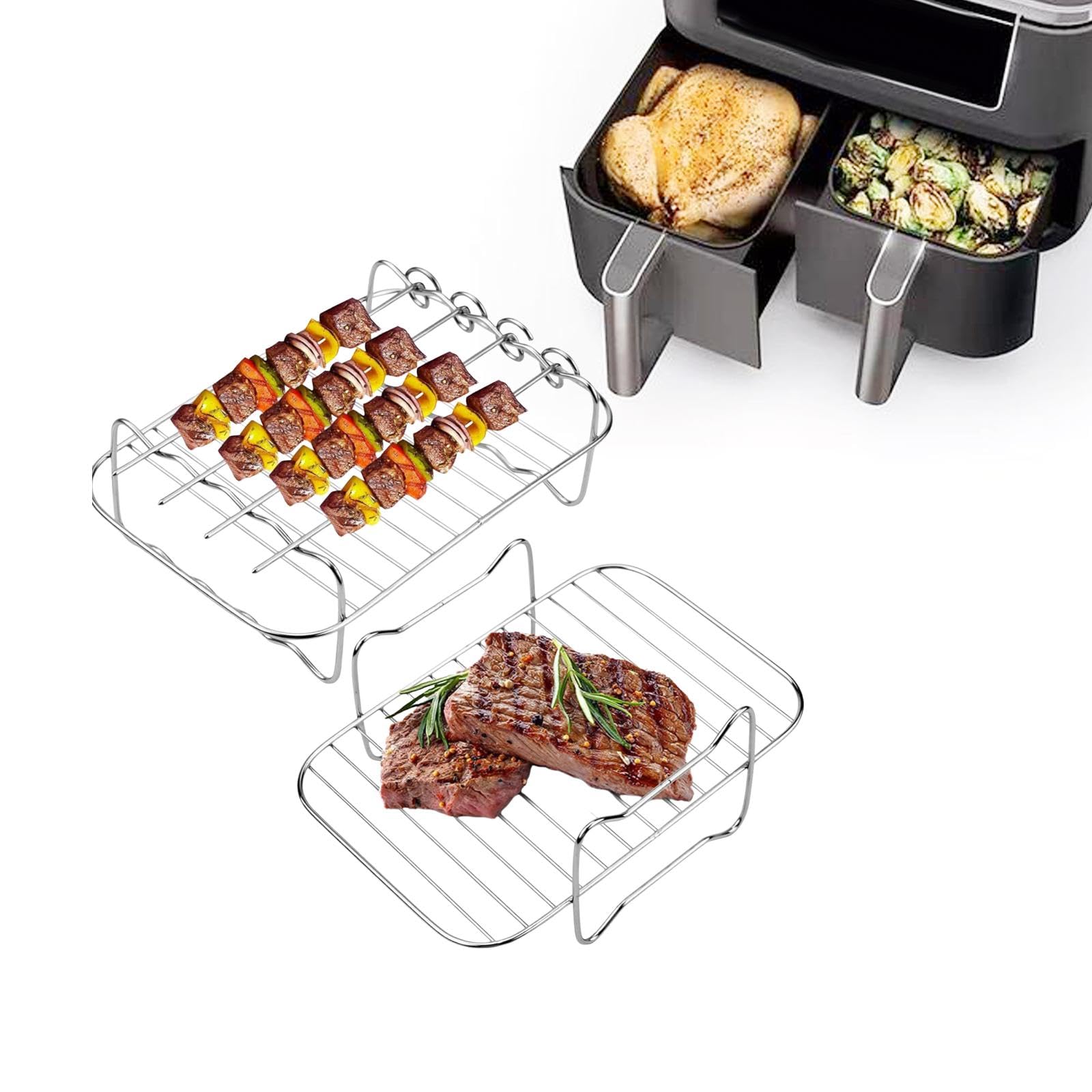Air Fryer Rack de Acero Inoxidable con Bandeja Desmontable Y Rejilla Fina Estructura Robusta de Dos Niveles Adecuado para Hornear Panes Secar E
