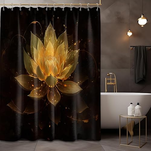 Miniatura 3 de Cortina de ducha negra y dorada con flores de loto amarillo dorado para juegos de decoración de baño, tela impermeable con ganchos, 70 x 72 pulgadas