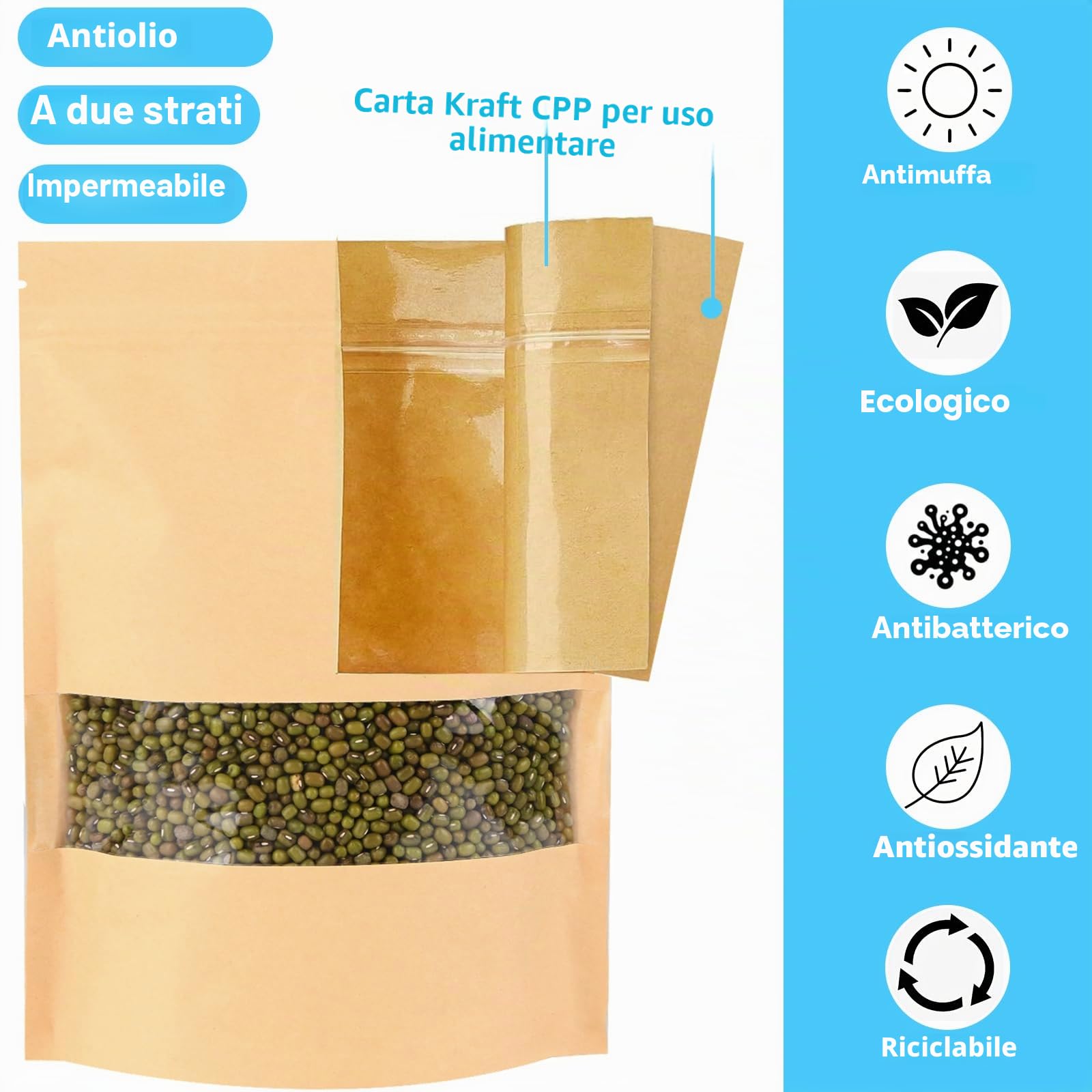 200 Pezzi Sacchetti Per Alimenti in Carta Kraft Con Finestra, Sacchetti Riutilizzabili Con Chiusura Lampo 20x30 cm Per Semi e Noci