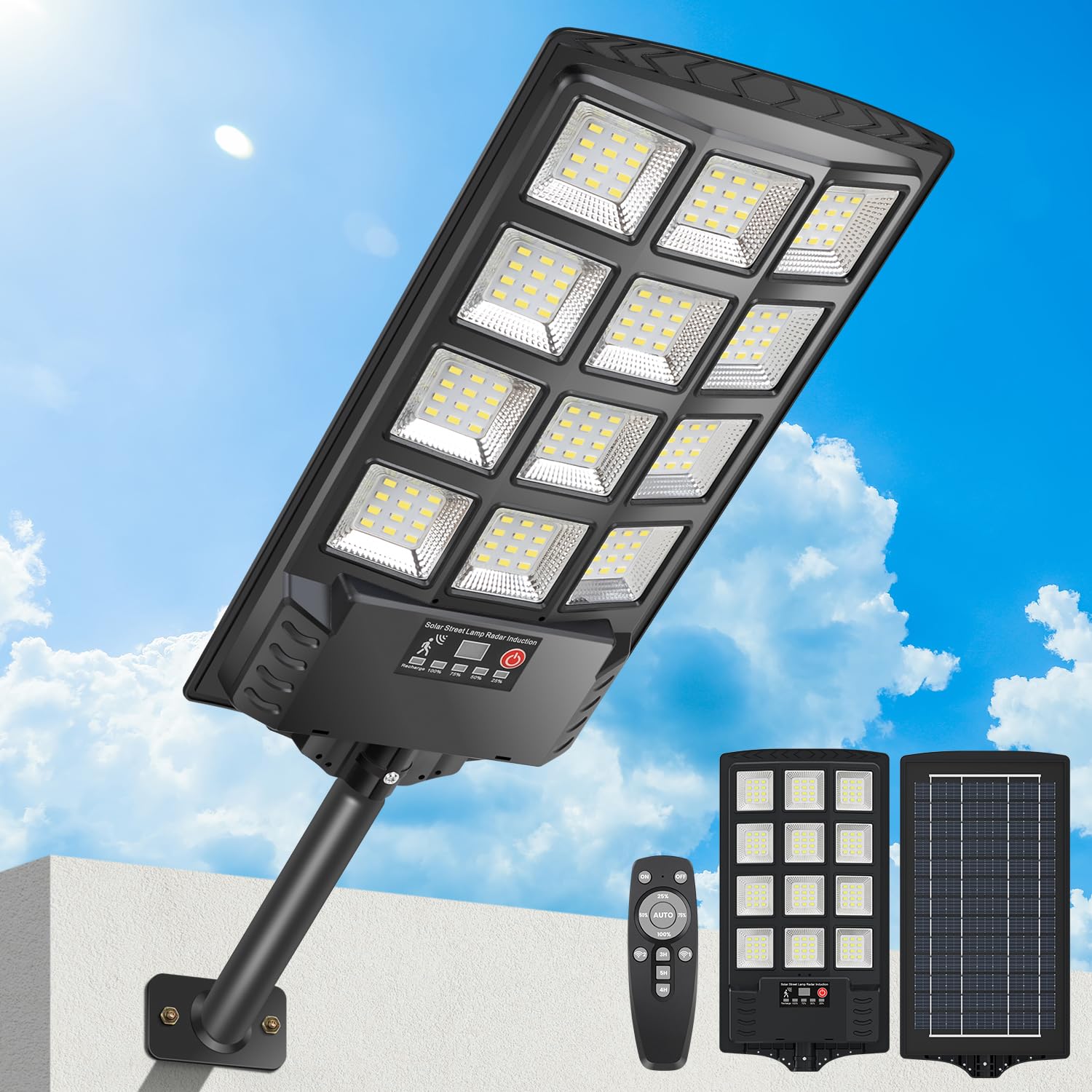 Farolas Solares Exterior 400W, 6500K Potente Foco LED Solar con Control Remoto, IP67 Impermeable Farola Solar Sensor de Movimiento, Lámpara Exterior Luz de Seguridad Jardín Patio, 1 Pack