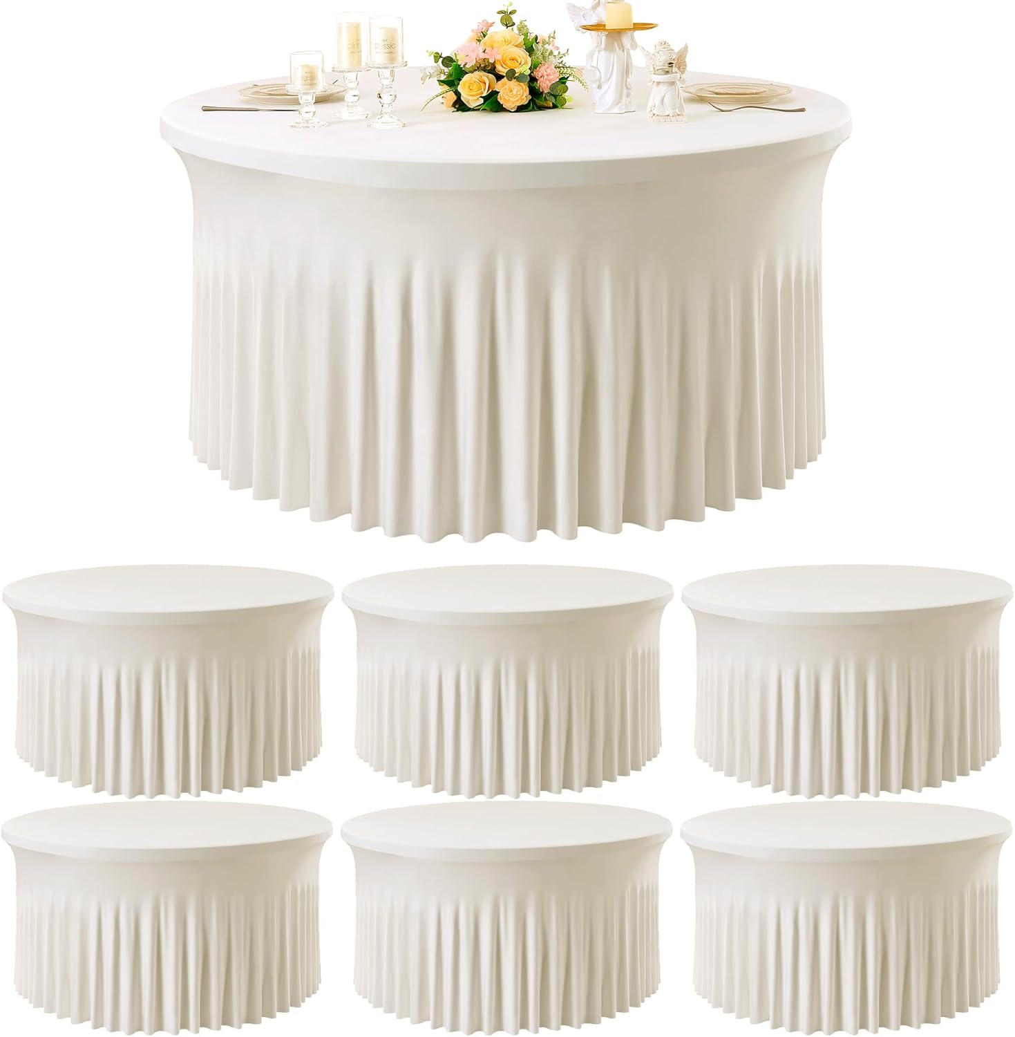 6 Pack Ivory Spandex Round Tablecloths for 60 inch Table, Wrinkle Free 120inch Stretchy Fitted 5FT Round Table Cloths Cover with Skirt for Wedding Party Dining Banquet Ivory 60inch(6pack)
