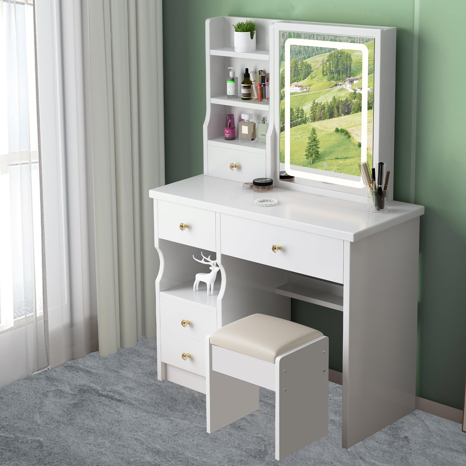 Coiffeuse Avec Miroir LED Et 5 Tiroirs - MDF Imperméable, éclairage Réglable (3 Températures De Couleur), 4 étagères Ouvertes