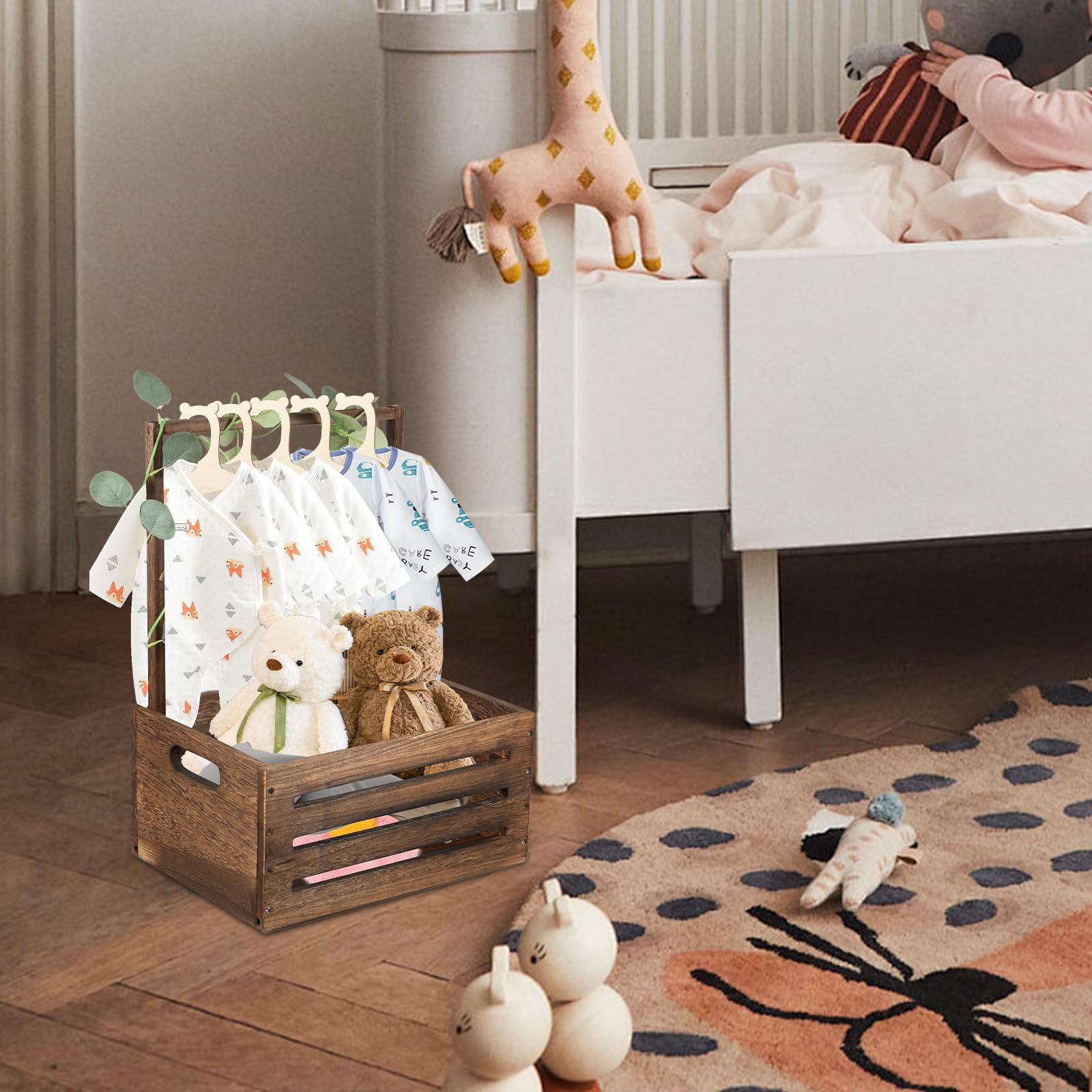 Panier pour cadeaux en bois, pour fête prénatale, avec 5 cintres, panier pour bébé avec poignée, panier cadeau de fête prénatale en bois, panier à linge, cadeau de fête prénatale (style 6)