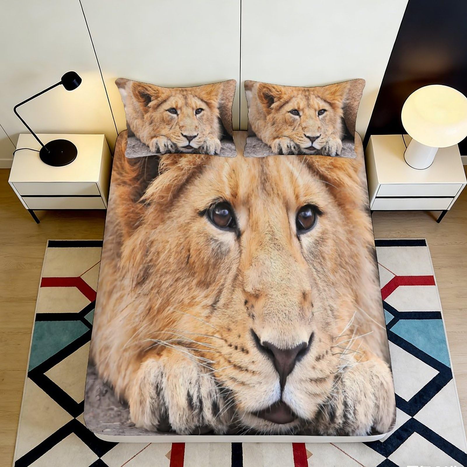 Uynsixtme Style-10 3D Printed Lion Pattern Fitted Sheet Microfiber Deep Pocket Non-Slip Bedroom Bedding Lion Mattress Fitted Cover For Adults Teens 140X200x25cm