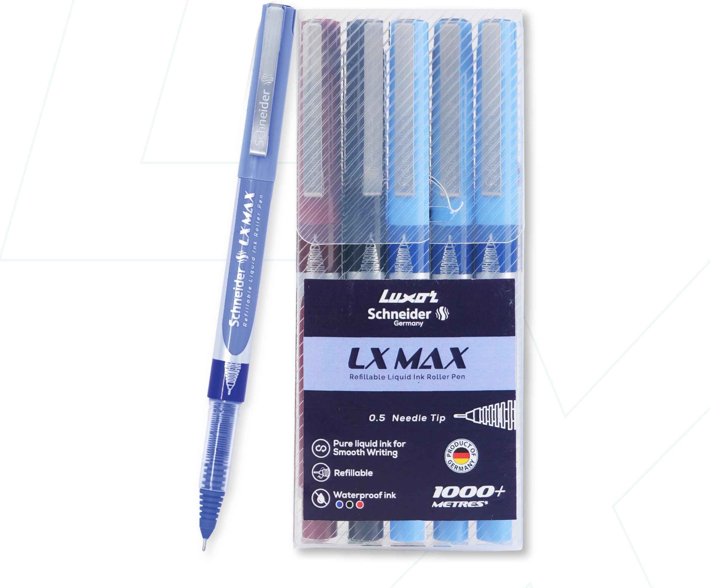Schneider, LX MAX roller ball pen, Pack of 5-3 Blue + 1 Black + 1 Red, Needle Tip, 0.5mm, 100% German Technology, 1000+ mtrs writing length, Waterproof Ink, Ideal for Students & Professionals