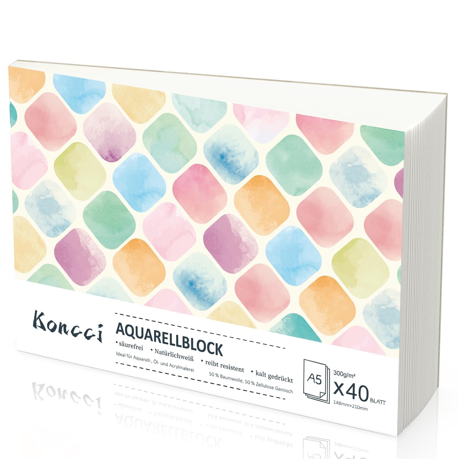 Koncci Aquarellpapier A5, 40 Blatt Aquarellblock, Kaltgepresst 300g/m² Weißes Aquarell Papier, Watercolor paper für Aquarellmalerei und Zeichnung, Geeignet für Studenten, Anfänger, Künstler