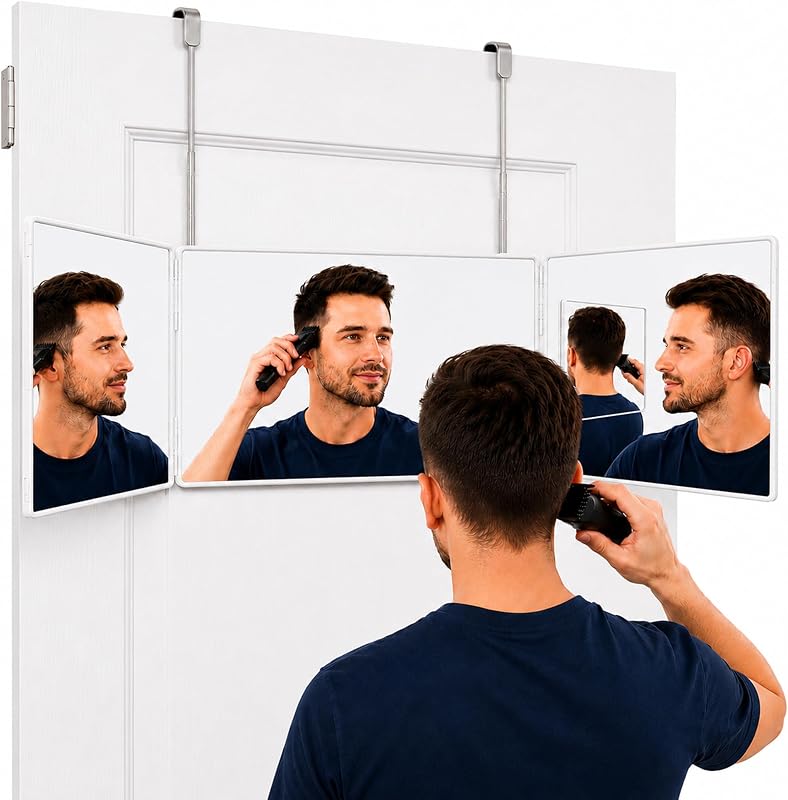 Espelho de três painéis LAITEMEN para corte e modelagem de cabelo, ajustável, montagem em porta, branco, sem LED