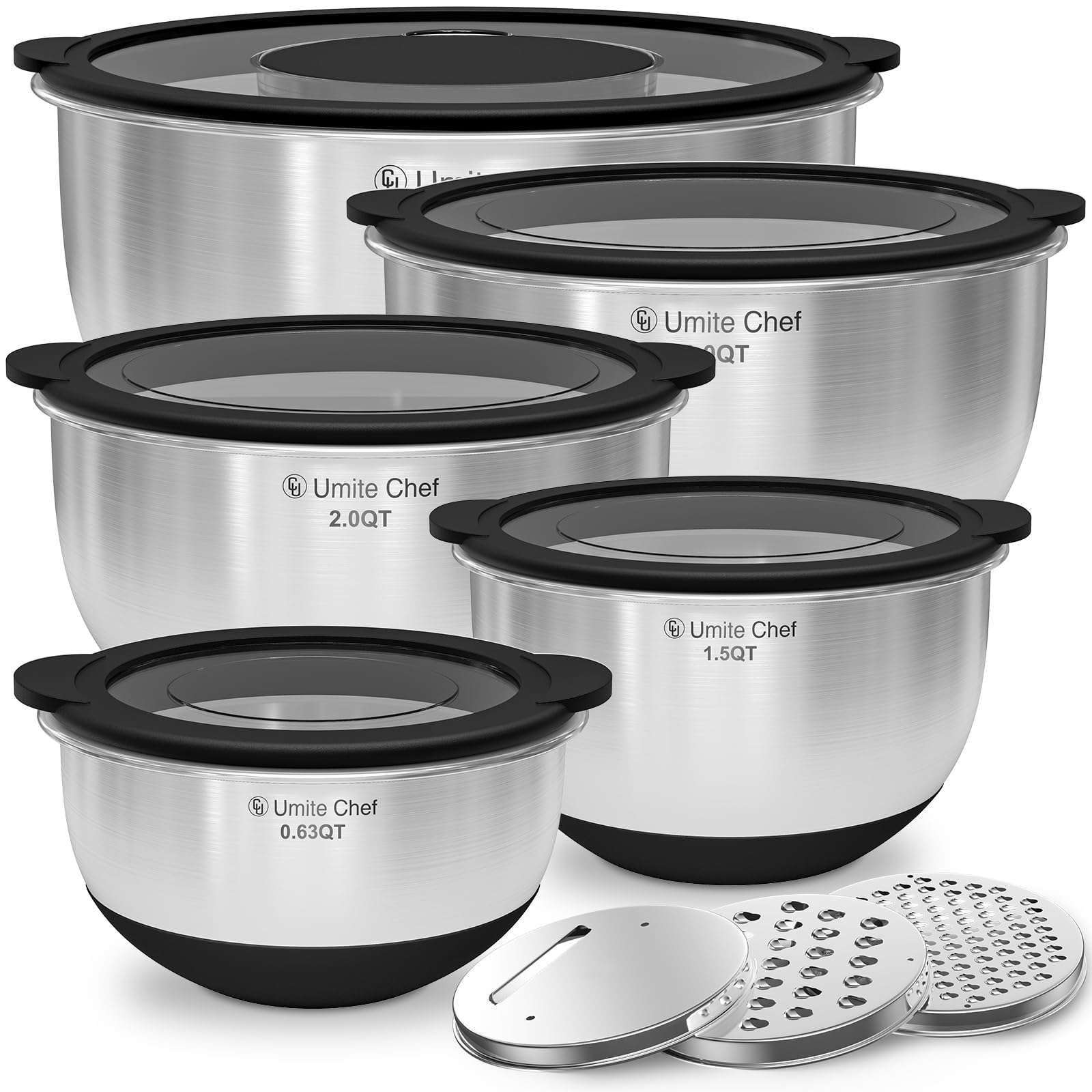 Photo 1 of ** VERY USED** Mixing Bowls with Lids Set - Non-Slip, Airtight Warp-Proof TPR-AS Lids, Thicker Stainless Steel Bowls, Measurement Lines & 3 Graters, Prep Meal Bowl, Black Nesting Bowl for Kitchen, 5/3/2/1.5/0.63QT