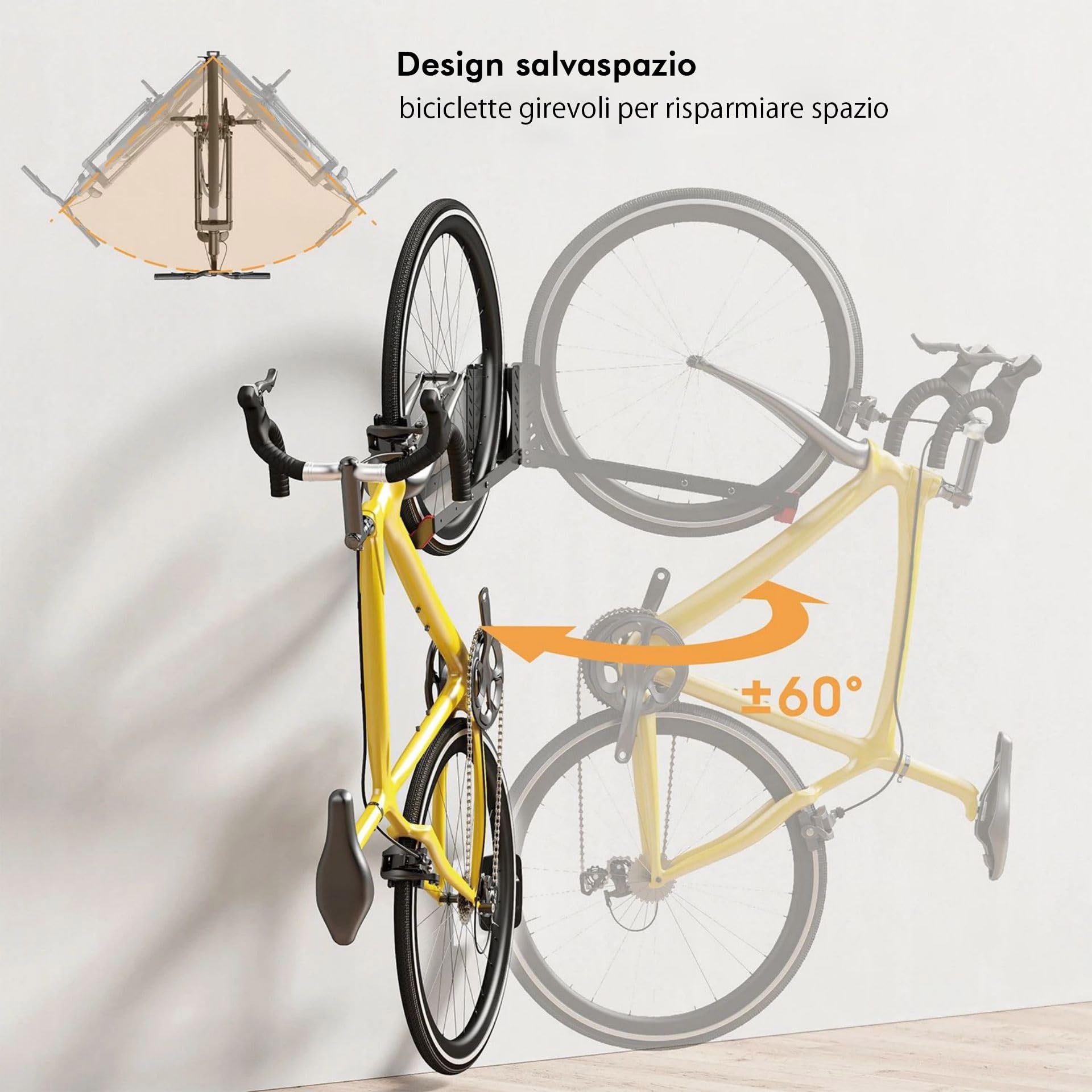 Mimoke Supporto da parete per bicicletta salvaspazio regolabile, design facile da sollevare con braccio pieghevole e funzione girevole (1)